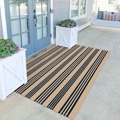 Vista 119 de KILOCOCO Alfombra de rayas beige de 2.3 x 3.6 pies para interiores y exteriores, alfombra tejida a mano de algodón lavable a rayas para puerta Rayas