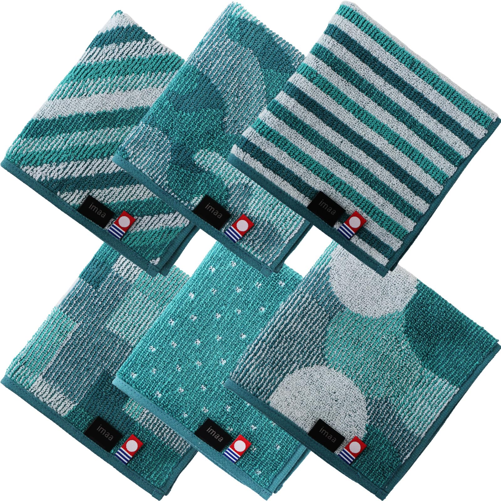 Imaa Certified Imabari Towels, Hand Towels, Handkerchief, Made in Japan, Antibacterial, Odor Resistant, Cotton, Bamboo Rayon, Bamboo Fiber, Vacuum Compression Pack, Bamboo Green, Assorted 6 Pieces : H