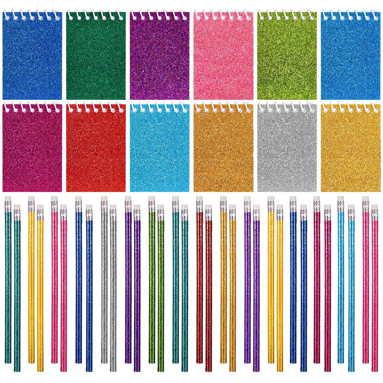 Ctosree 60 blocs de notas pequeños en espiral de prisma y 60 lápices de colores, lápices metálicos con purpurina, mini cuadernos para niños, mini bloc de notas, bloc de notas de bolsillo, bloc de