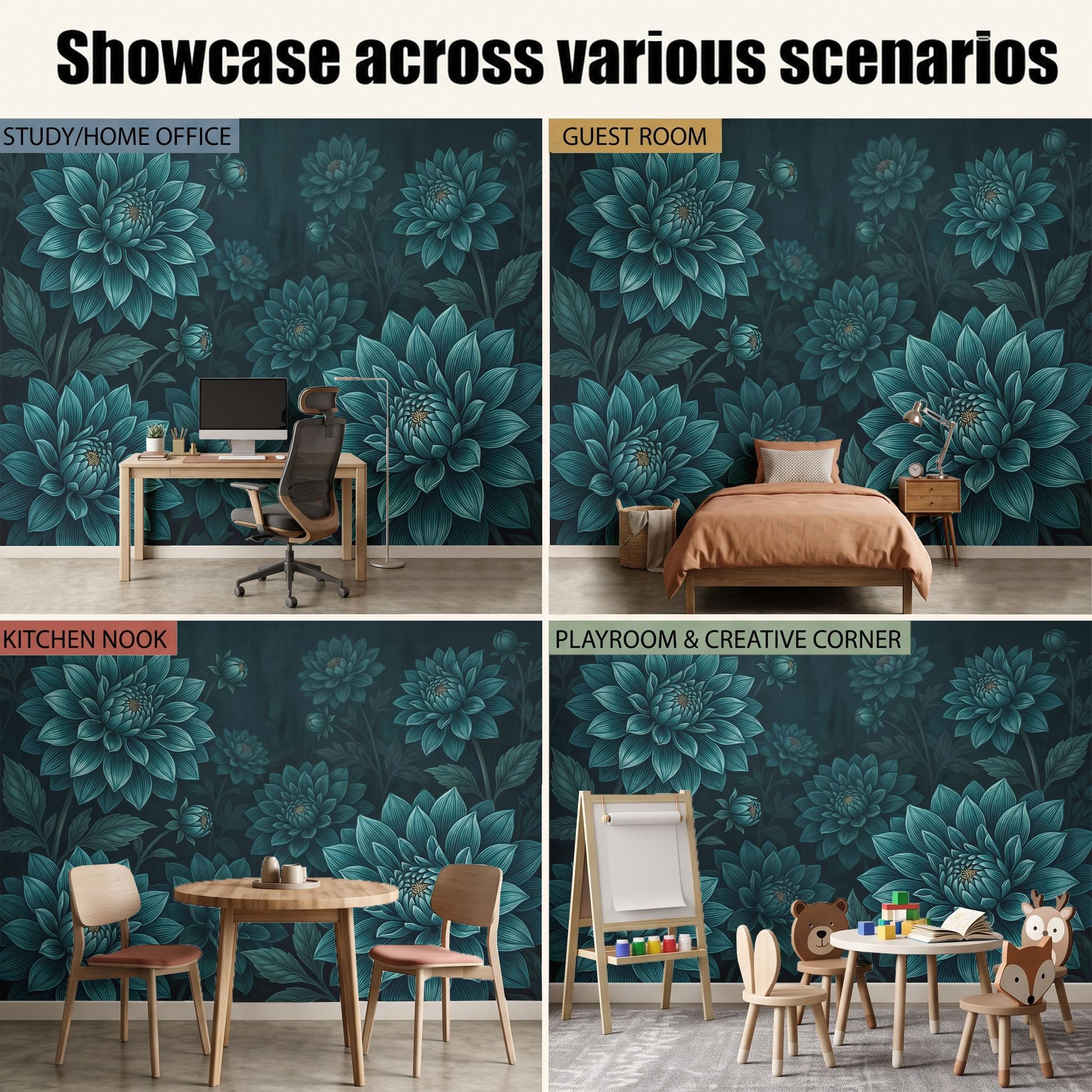 Papier Peint Panoramique 400X280Cm Paysage Mystérieux De Dahlias | Cyan Foncé Papier Peint Intissé Tapisserie Poster Décoration Murale Pour Salon Chambre - Plantes Rétro 3D