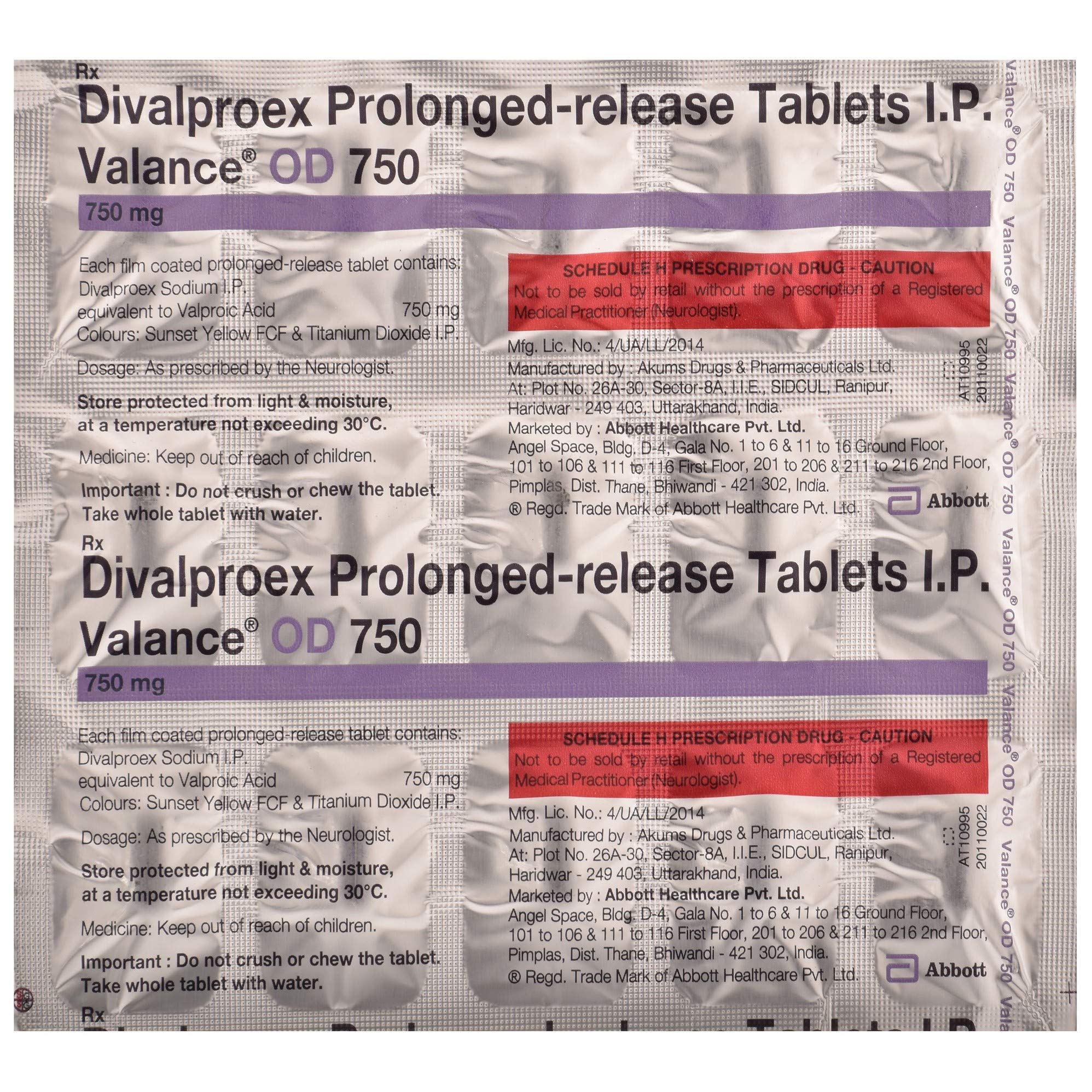 Valance OD 750 - Strip of 15 Tablets