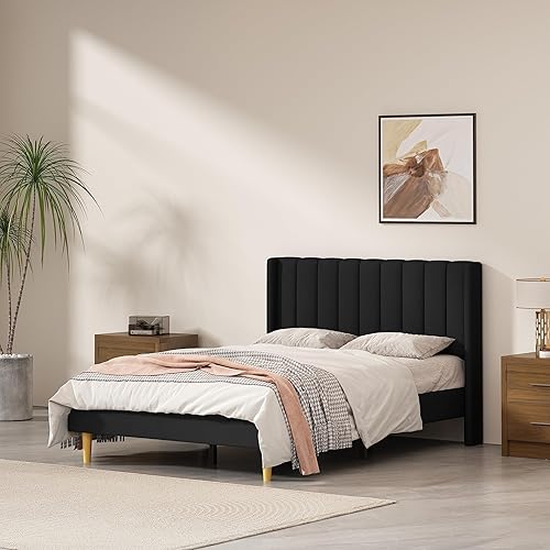 Base de cama tapizada de tamaño matrimonial con respaldo moderno y cabecera de panel vertical, tela de lino, patas y listones de madera, no necesita