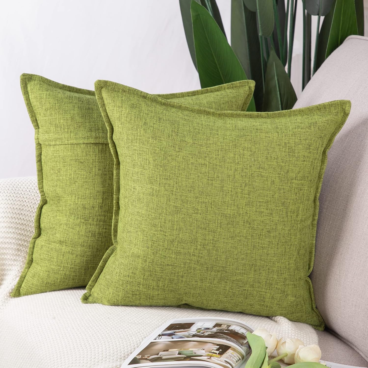 MADIZZ Pack of 2 Decorative Faux Linen Throw Pillow Covers 22x22 Inch Light Green Natural Soft Boho Farmhouse Couch Throw Pillows for Bed Accent Modern Pillowcase for Sofa Living Room Home Decor