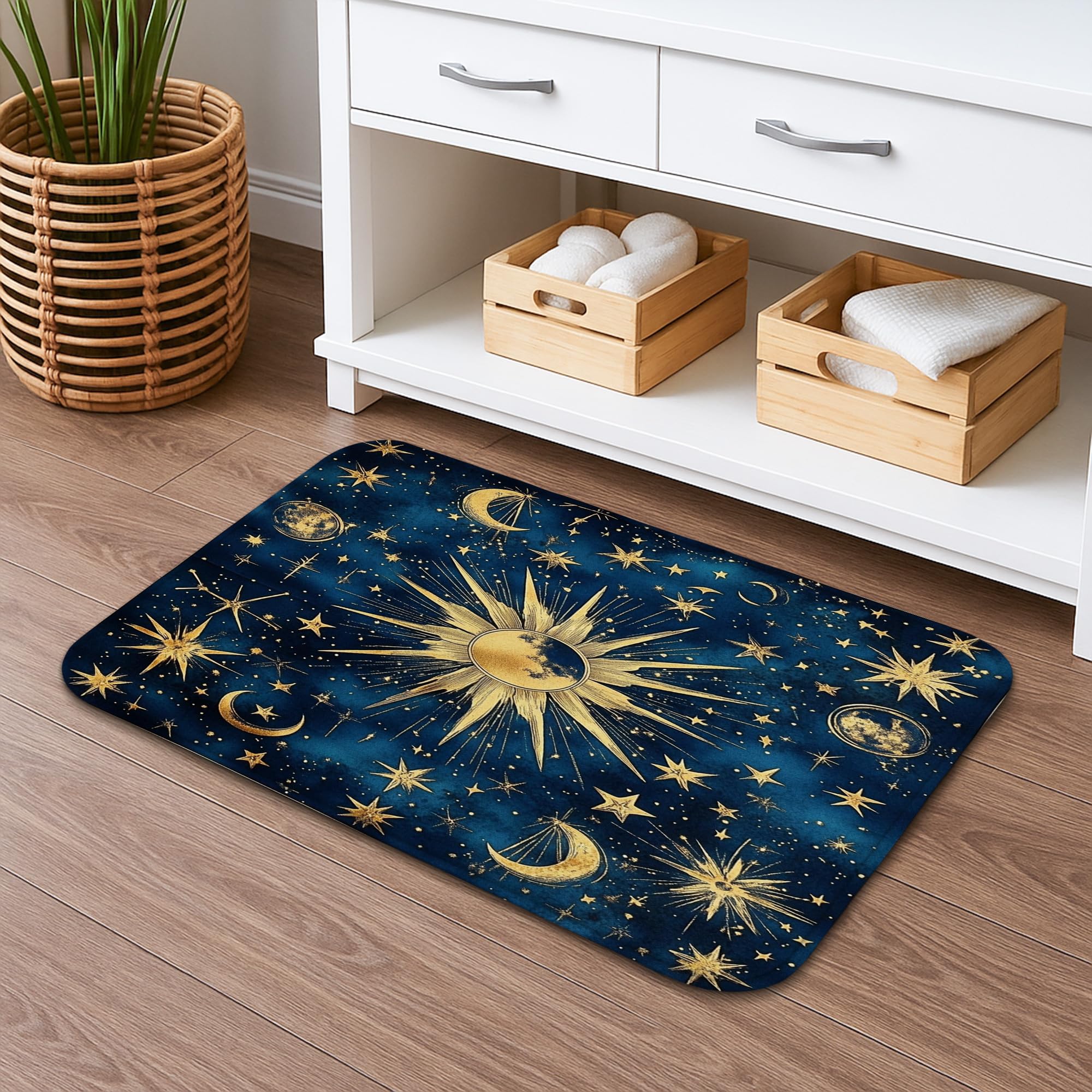 Celestial Stars Non-Slip Bath Mat, Cosmic Sun and Moon Decorative Shower Rug, Space-Themed Absorbent Memory Foam Bathroom Mat, Ideal for Year-Round