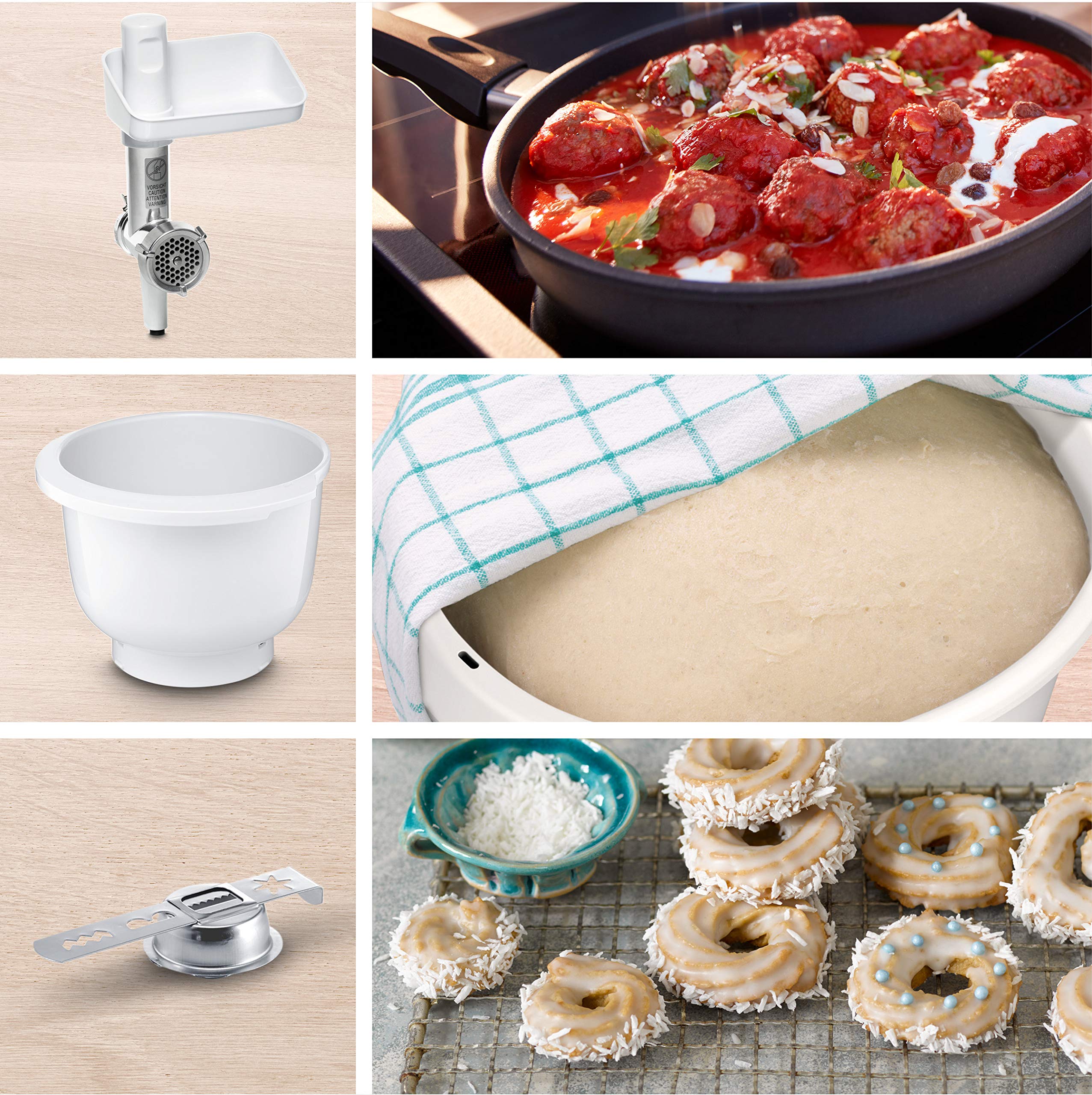Bosch BakingSensation MUZ5BS1, maszynka do mięsa, miska z tworzywa sztucznego, nakładka do ciastek, tarcza z otworem ze stali nierdzewnej, 4 warianty wypieków, pasuje do robota kuchennego MUM5, biały