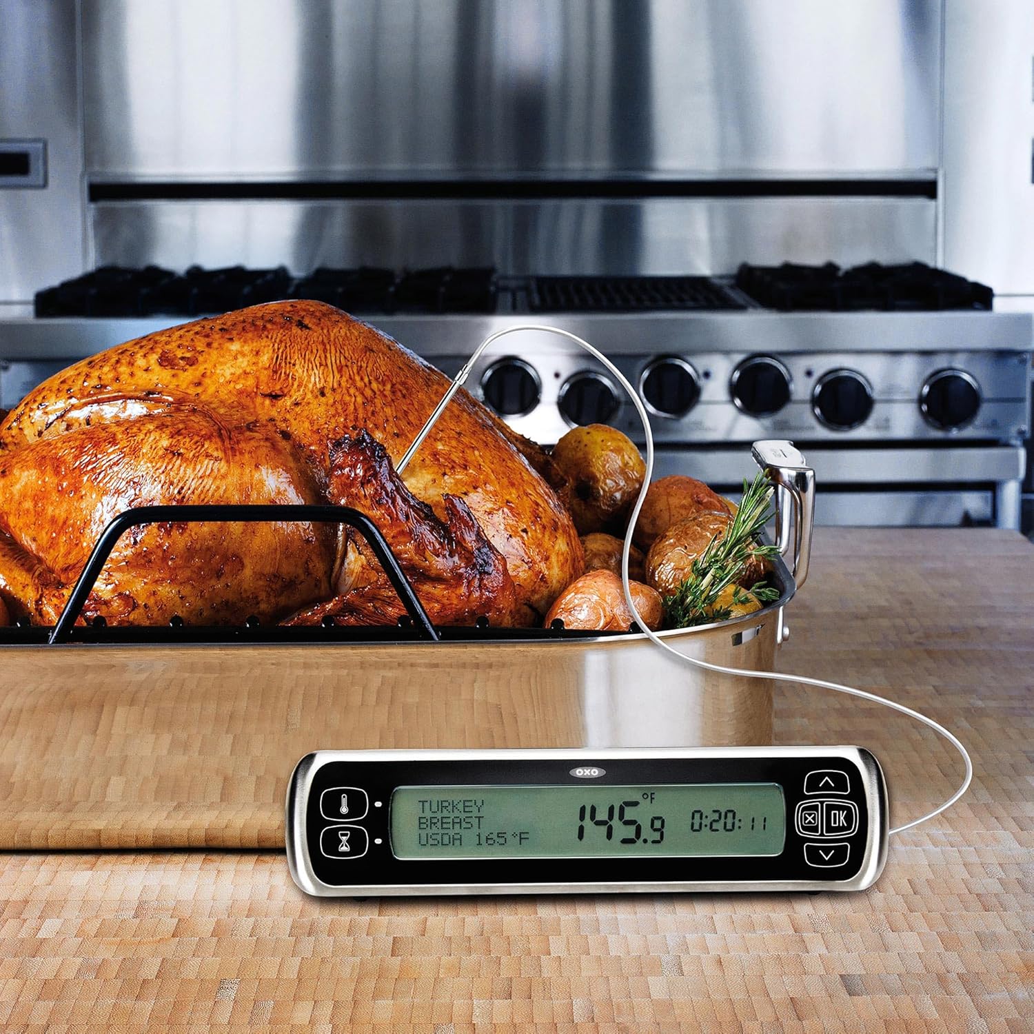 OXO thermometer monitoring a turkey roasting in an oven