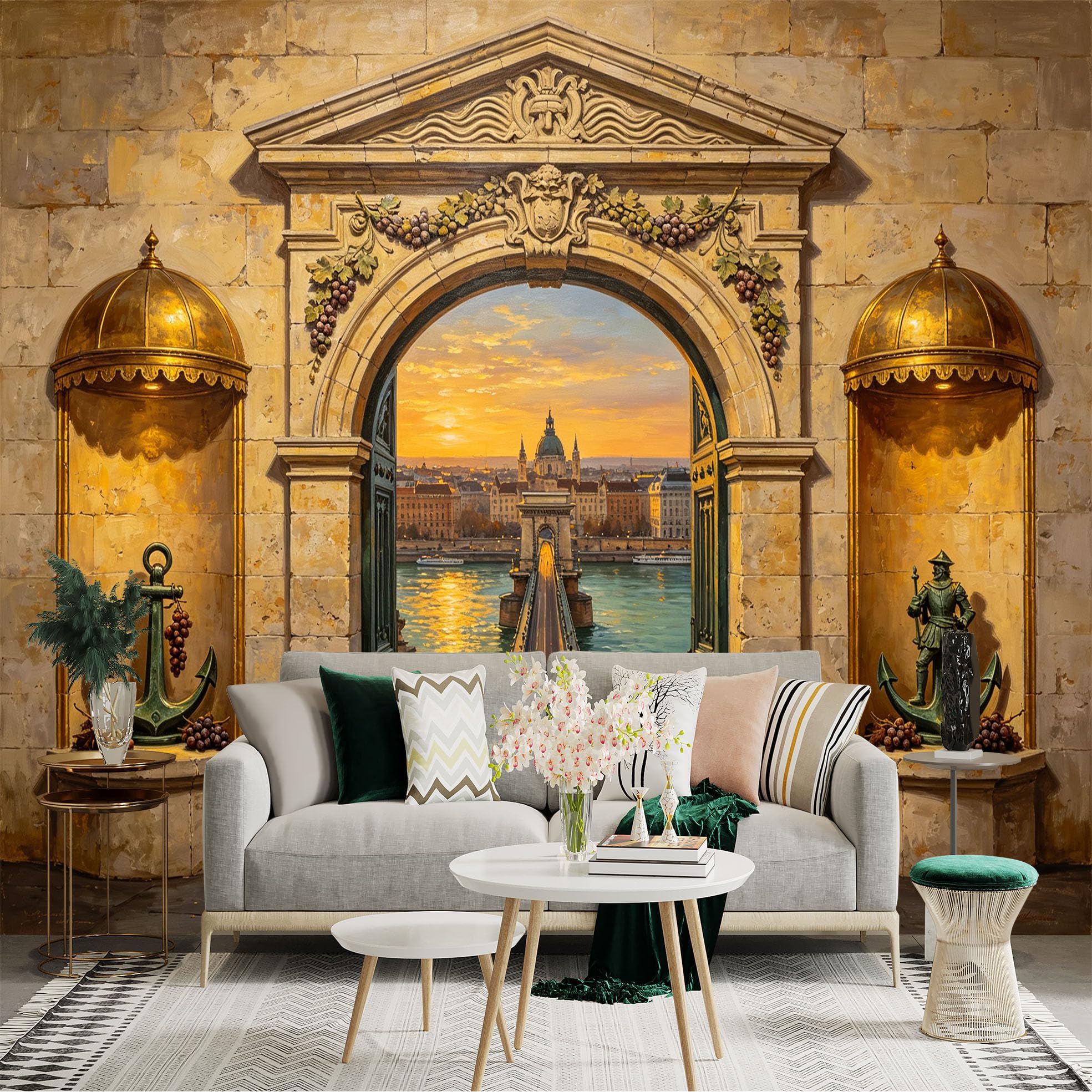 Custom Size Wall Sticker Mural， Vintage Stone Archway with River Bridge and Sunset Cityscape， for wall Decoration， peelandstick wall Decals.
