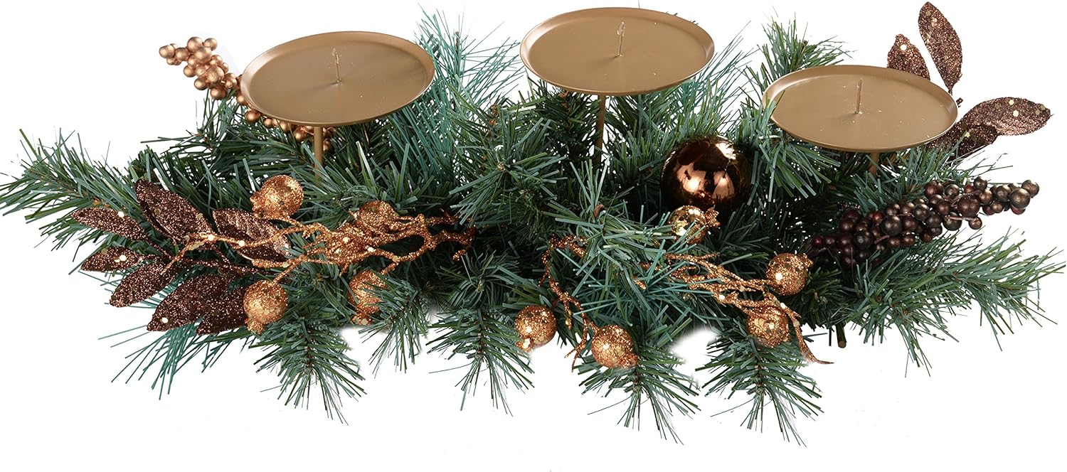 Rustic Copper Decorated Table with 3-Pillar Candle Holder Christmas Decoration, 52 cm
