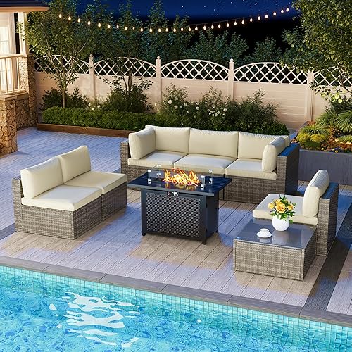 Green4ever 8 Pieces Outdoor Patio Furniture Set with 43" Fire Pit Table, Wicker Outdoor Patio Sectional Sofas Coffee Table, All-Weather Patio Conversation Set with Cushions for Garden Backyard, Beige