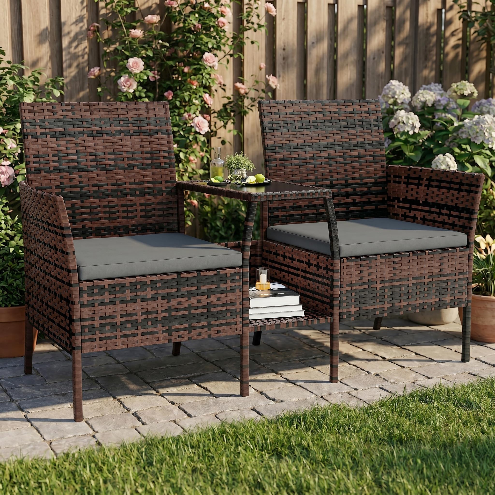 Amopatio Polyrattan Gartenbank, Outdoor Sitzbank mit Tisch & Ablage, Gartenmöbel Rattan Gartensofa, Wetterfest & UV-beständig Balkonbank Sitzgruppe für Garten, Balkon, Braun