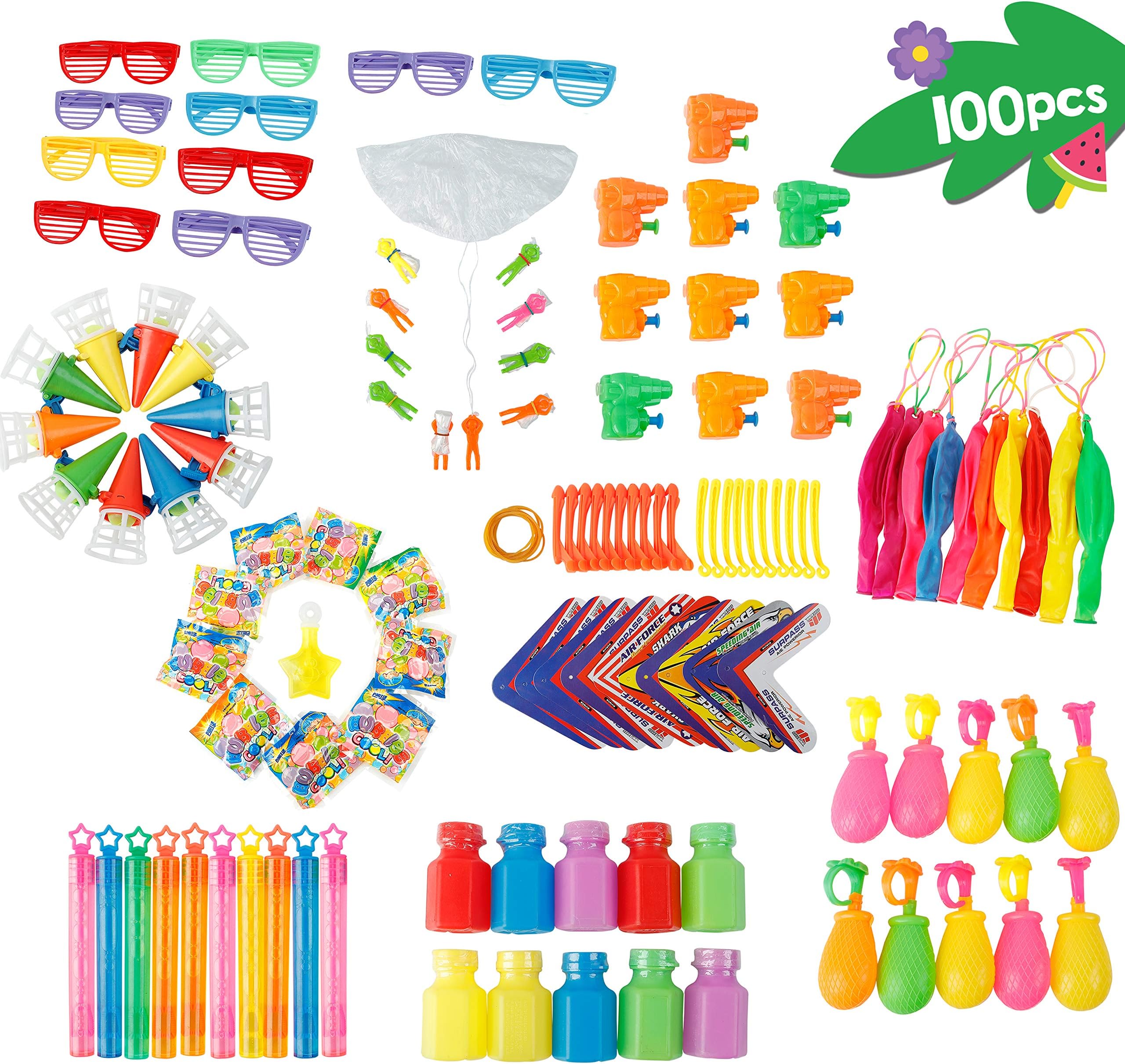 Joyful Toys Beach Party Favors 100Pcs – Summer Fun Toy Pool Party - Fun Beach Toys For Kids | Parachute | Bubble wand | catch bubble | Sunglasses | water guns | Punch balloon | shooter plane | bubble bottle