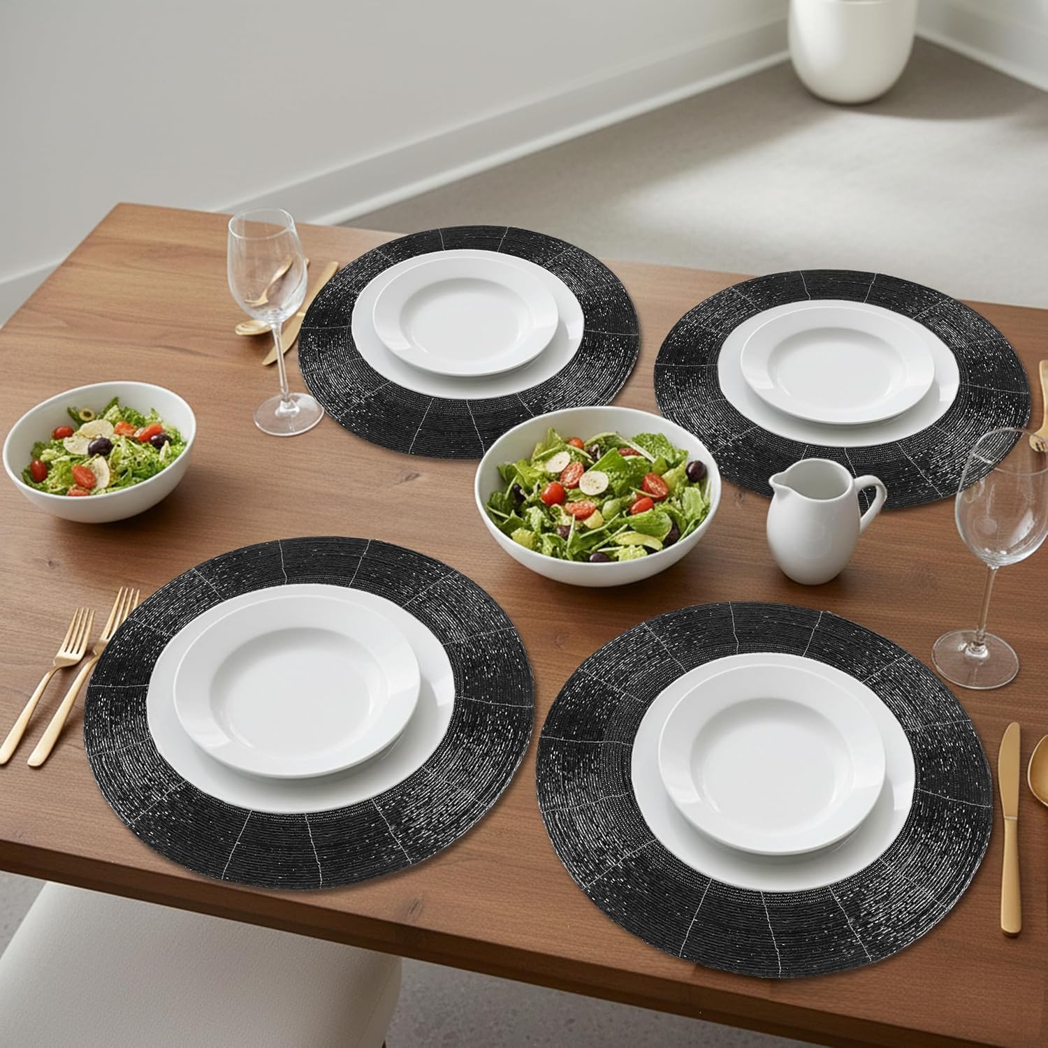 Beaded Round Placemats Set of 4 - Rustic Placemats for Dining Table 13 Inches - Placemats for Family, Party, Dining Room, Decorations, Wedding, Kitchen, Office, Home Decor (Black) - ALPHA Living HOME