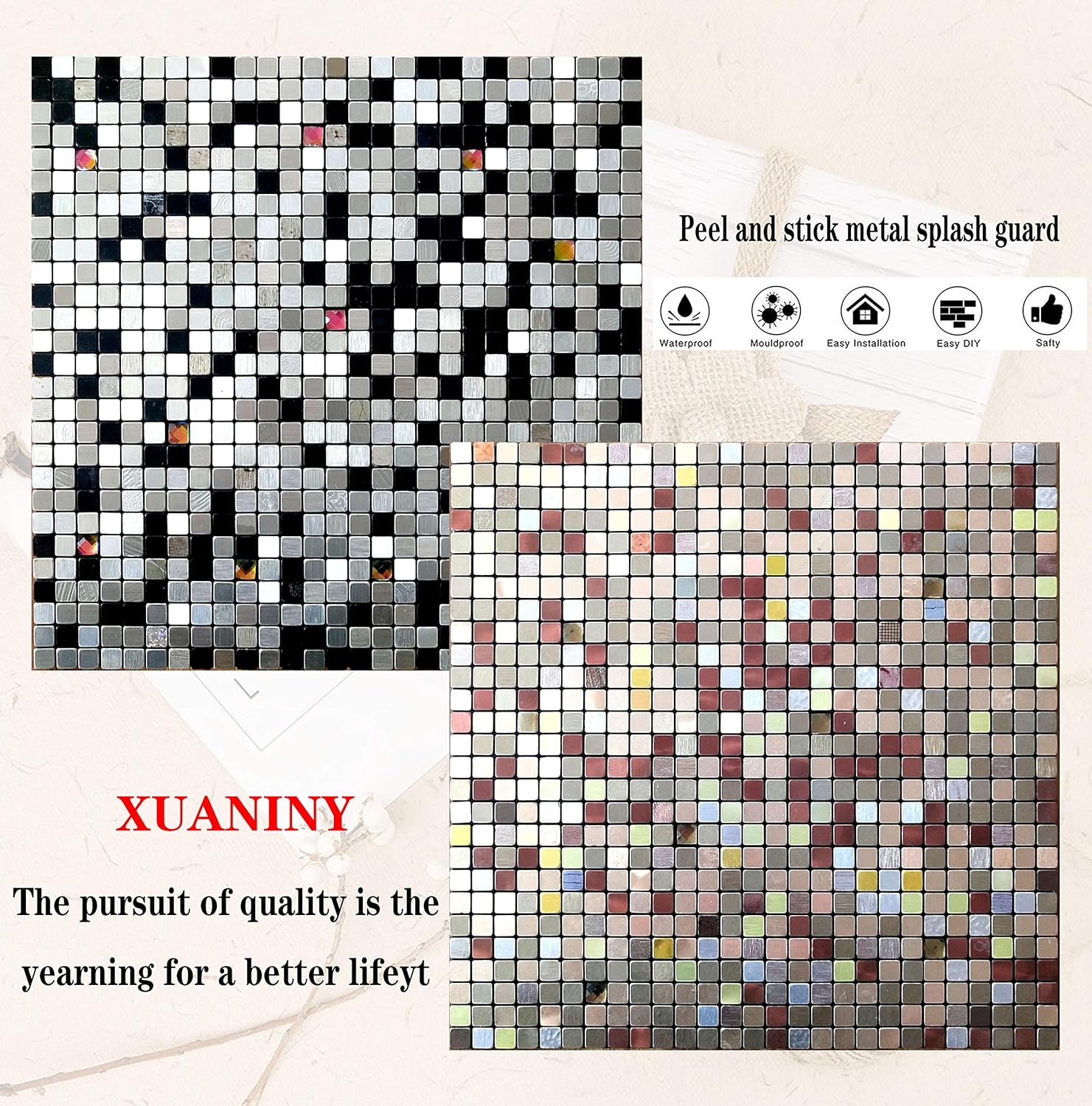 XUANINY 5-Sheet Peel and Stick Metal Backsplash Tiles, Silver Frosted Surface Square Aluminum Mosaic Sticker for Kitchen Wall Bathroom(11.61"x11.61" Per Sheet,Pack of 5pcs) (Silver Grey)