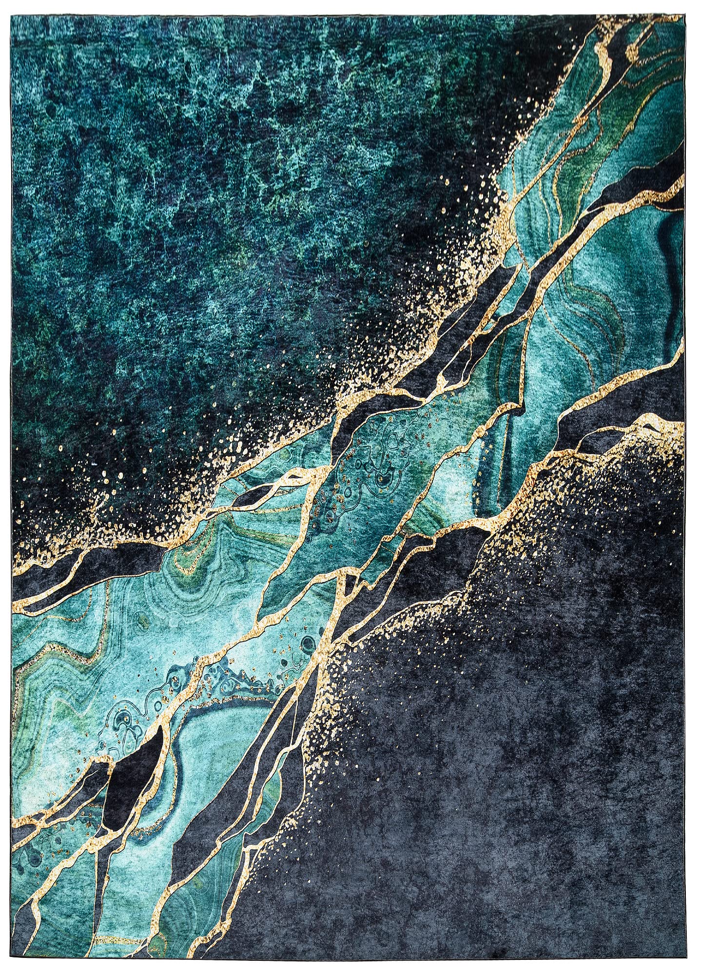 TAPISO Toscana Tappeto Soggiorno Antiscivolo Lavabile Pelo Corto Stampato Design Moderno Elegante Motivo Astratto Marmo tonalità Verde Smeraldo Oro Salotto Sala Camera 200 x 300 cm