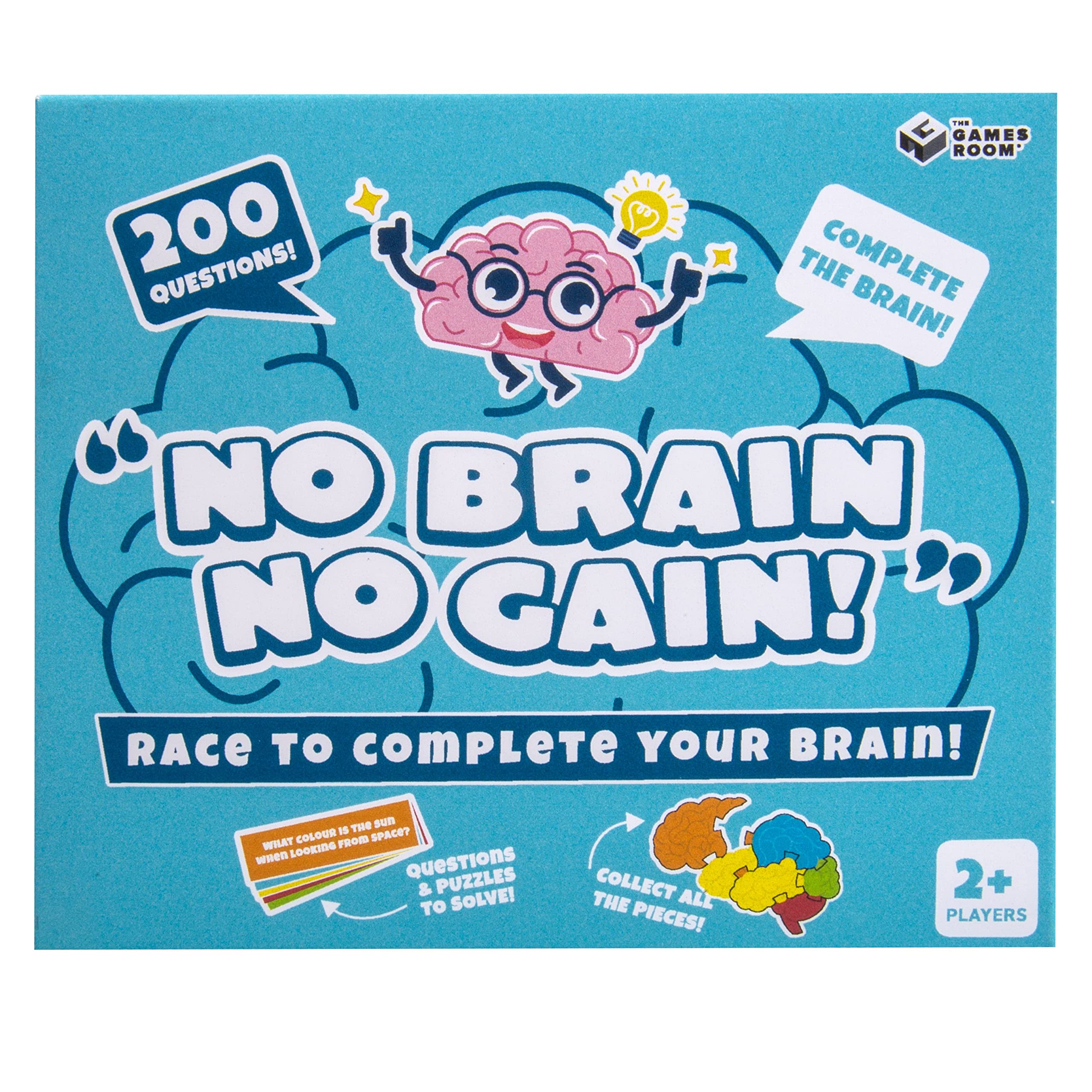 Fizz Creations No Brain No Gain Game. Race to Complete Your Brain! Family Party Game. Includes 200 Question cards, 4 Plastic Brains & 1 Dice.