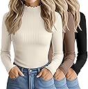 Oakgarden 3 Pack Women's Cotton Long Sleeve Mock Turtleneck Tops Ribbed Lettuce Trim Slim Fit Shirts Thermal Base Layer
