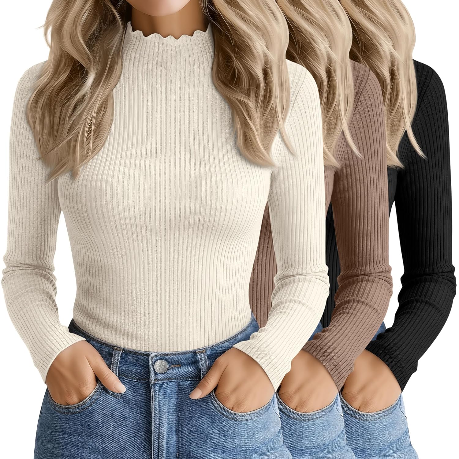 3 Pack Womens Cotton Long Sleeve Mock Turtleneck Tops Ribbed Lettuce Trim Slim Fit Shirts Thermal Base Layer