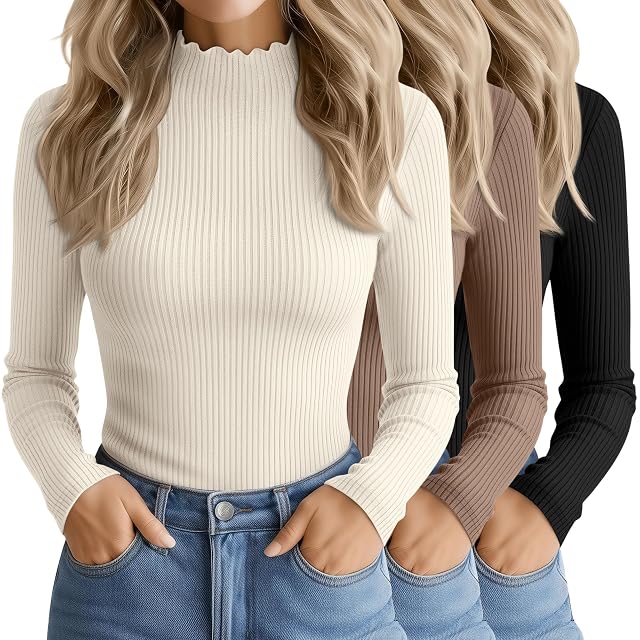 3 Pack Womens Cotton Long Sleeve Mock Turtleneck Tops Ribbed Lettuce Trim Slim Fit Shirts Thermal Base Layer