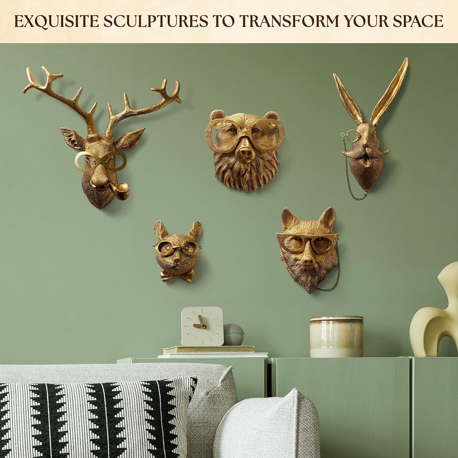 97 Decor 5 Pack Gold Animal Head Wall Decor - Faux Deer Head Wall Mount, Vintage Rabbit Art For Living Room Bedroom Kitchen Office, Fox Animal Sculpture Home Decorations