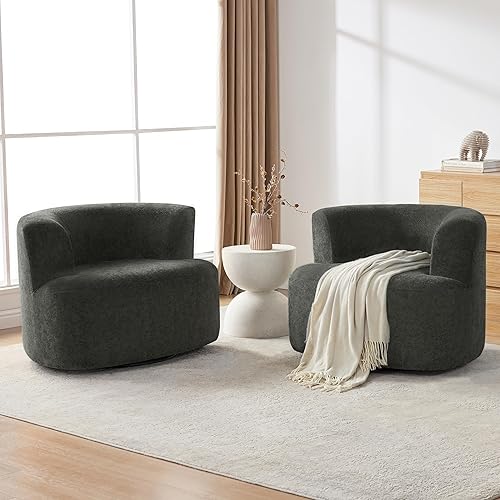Modern Swivel Accent Barrel Chairs Set of 2, 360° Round Accent Armchair with Boucle Lambswool Fabric and Sturdy Base, Barrel Cloud Chairs for Living Room, Bedroom, Reception Room, Darkgray