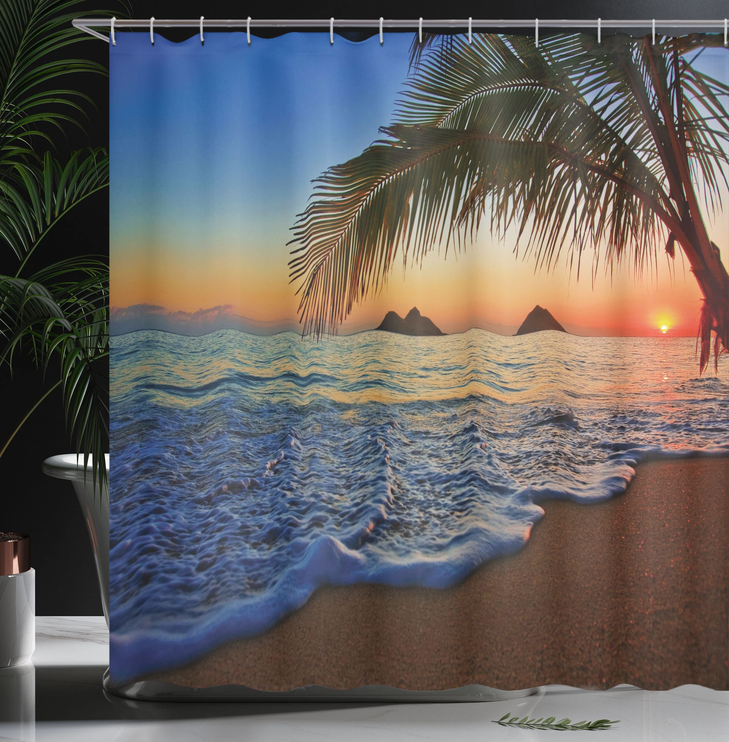 Ambesonne Hawaiian Shower Curtain, Pacific Sunrise at Lanikai Beach Hawaii Wavy Ocean Surface Colorful Sky Scene, Cloth Fabric Bathroom Decor Set with Hooks, 69" W x 70" L, Blue Ivory - 3