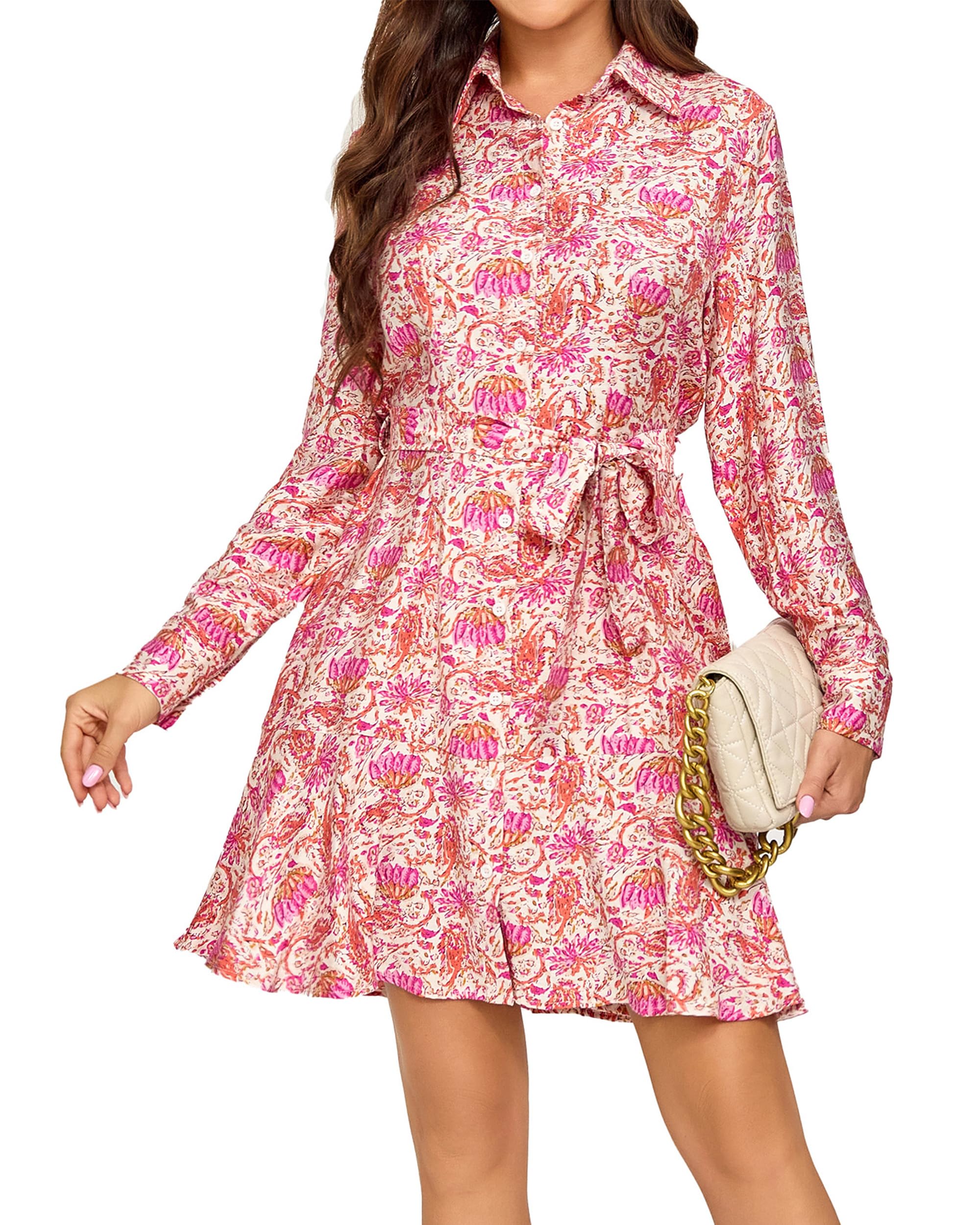 Women's Long Sleeve Button Up Midi Belt Shift Collar Dress with Pockets for Work Office Business