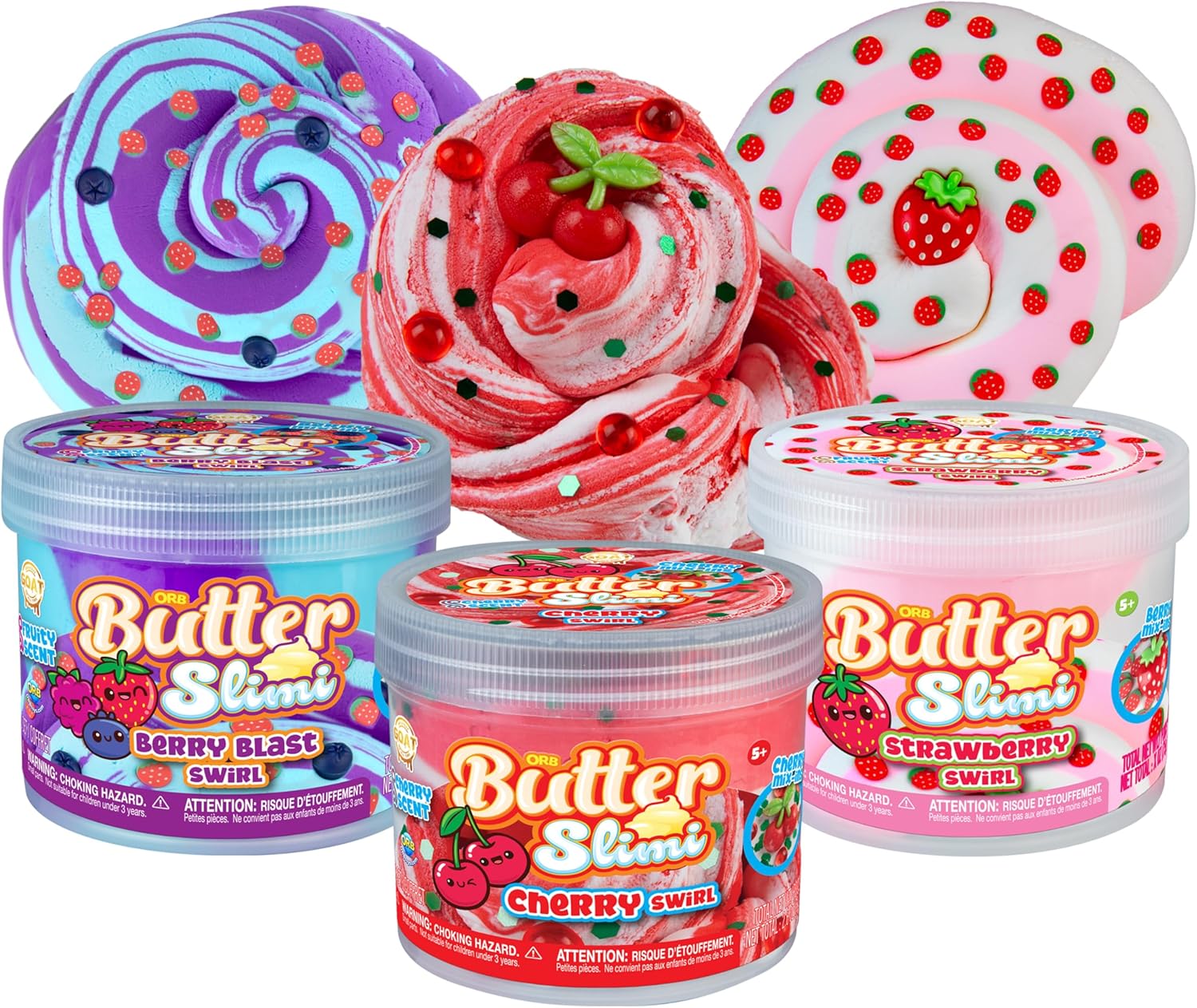 ORB GOAT Fluffy Butter Slime Very Berry 3 Pack Kit - Smooth, Soft, Fluffy Scented Berry Blast, Cherry, Strawberry Swirl ORB Butter Slimes For Kids - Party Favors Gifts with Resealable Slime Containers