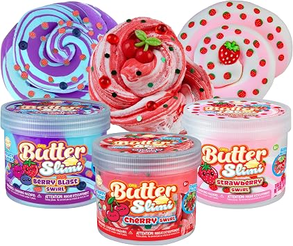 ORB GOAT Fluffy Butter Slime Very Berry 3 Pack Kit - Smooth, Soft, Fluffy Scented Berry Blast, Cherry, Strawberry Swirl ORB Butter Slimes For Kids - Party Favors Gifts with Resealable Slime Containers