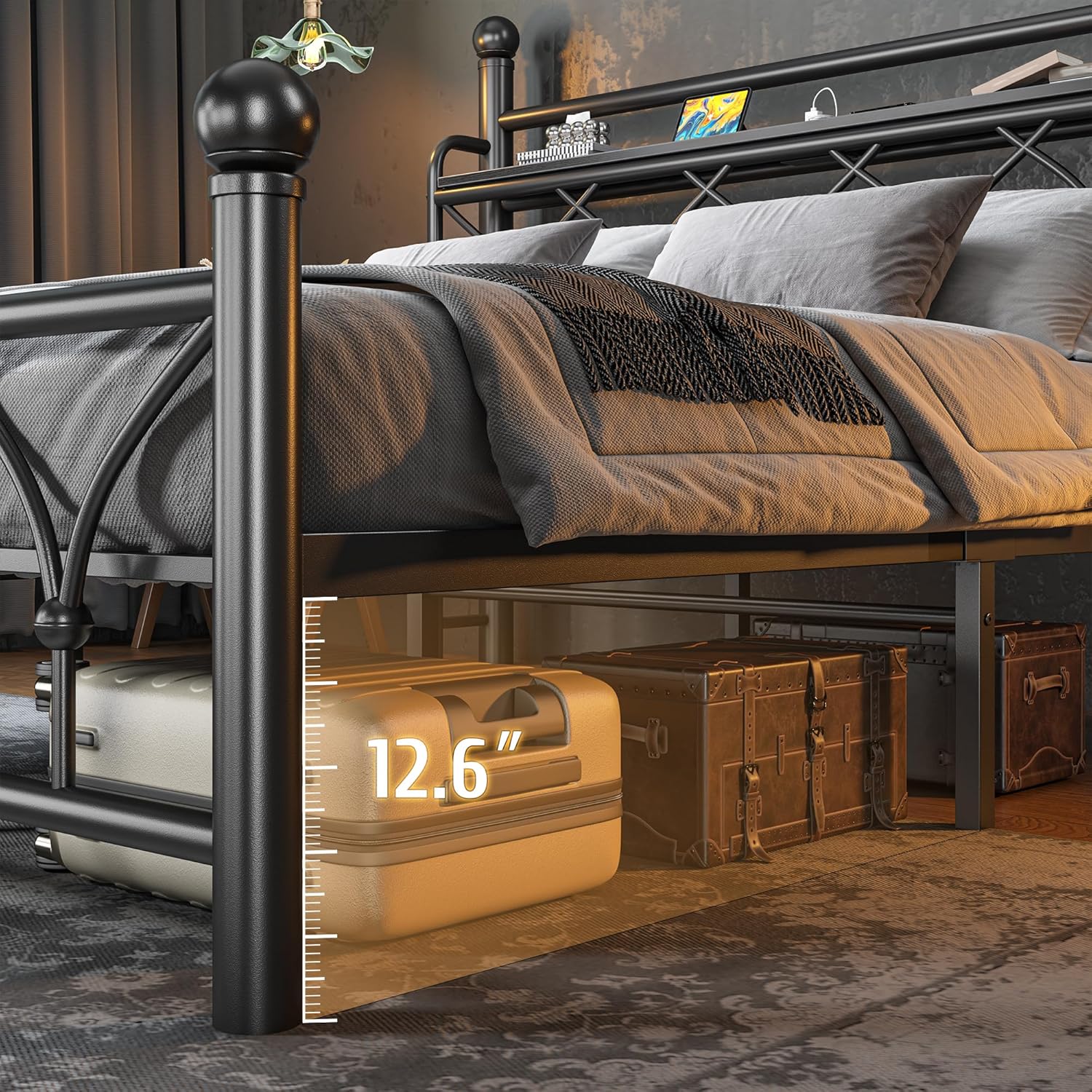 EnHomee 54" Queen Bed Frame with Tall Storage Headboard, Metal Queen Size Bed Frame with LED Lights and Power Outlets, Sturdy & Noise-Free, No Box Spring Needed, Black
