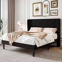 Vista 11 de SHA CERLIN Base de cama de terciopelo tamaño Queen con cabecera de respaldo alto con capitoné de canales verticales, cama de plataforma tapizada