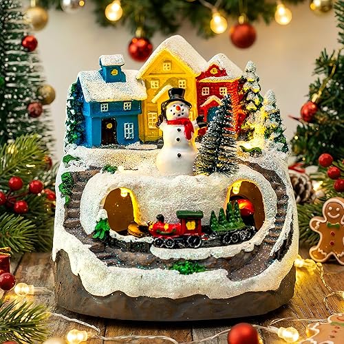 Miniatura 6 de MXwcy Casa de pueblo navideño con tren en movimiento y música, figura de muñeco de nieve iluminada con 8 canciones navideñas, luces LED, edificio