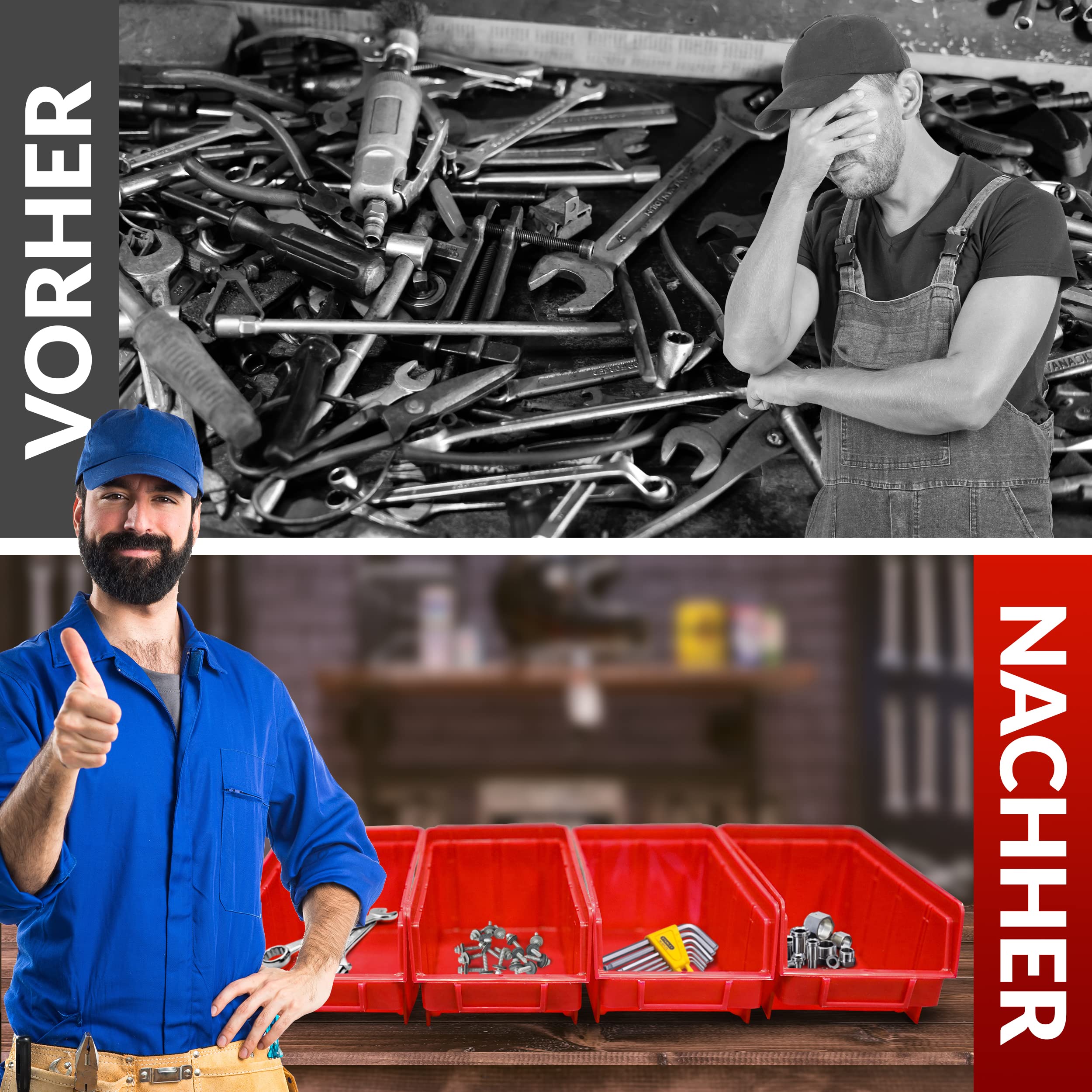 HMH 40x Stapelboxen Rot Größe 2 + 8 Wandschienen Werkstatt Garage Sichtlagerboxen (LxBxH) 175x103x76mm Wandbefestigung Lagerboxen rote Sichtlagerkästen Stapelbox PP, HMH-3183-80+1201-8