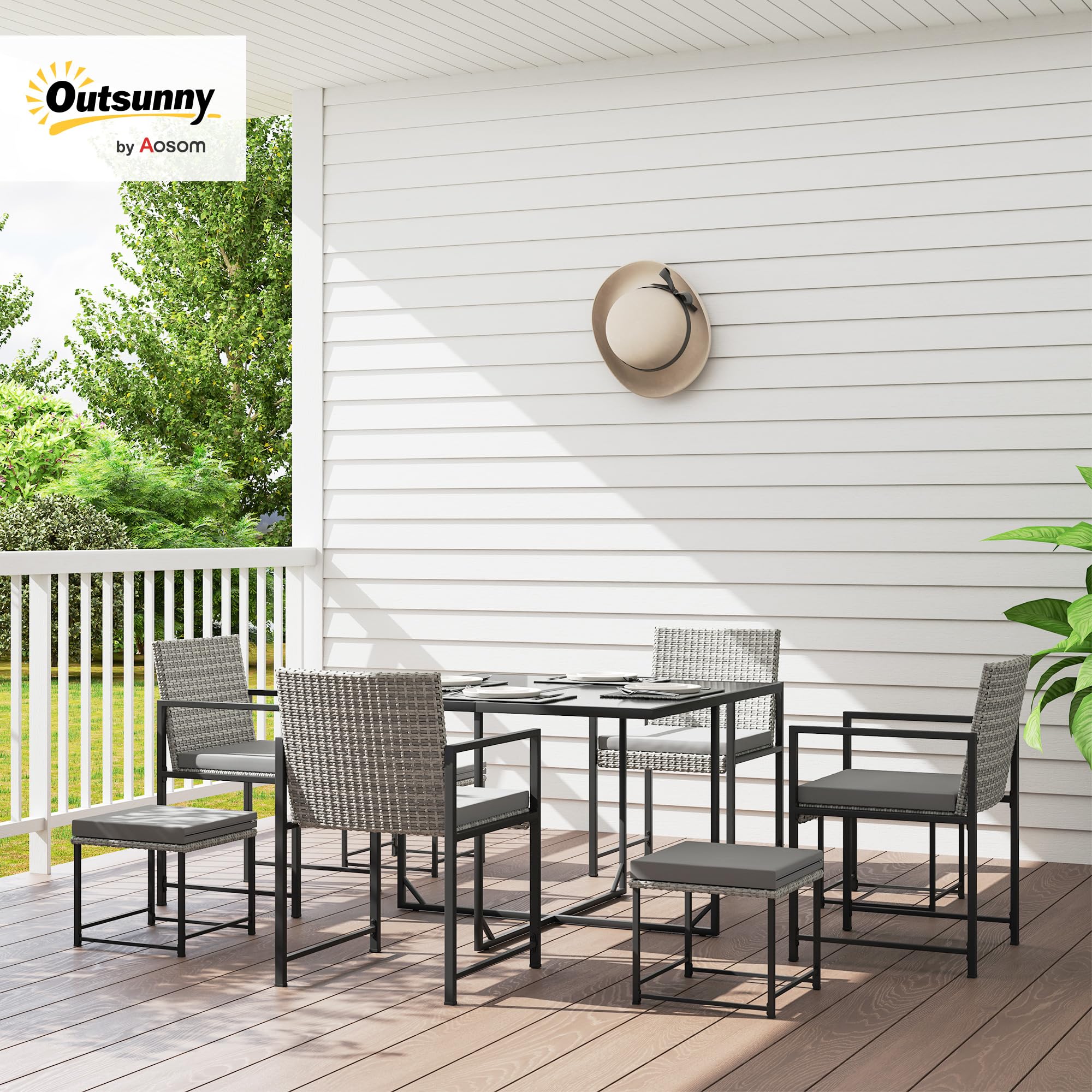 Outsunny Conjunto de Muebles de Jardín Exterior de Ratán de 9 Piezas Conjunto de Jardin Exterior de Ratán Sintético con Mesa con Vidrio Templado 4 Sillas 4 Taburetes Impermeables Cojines Gris