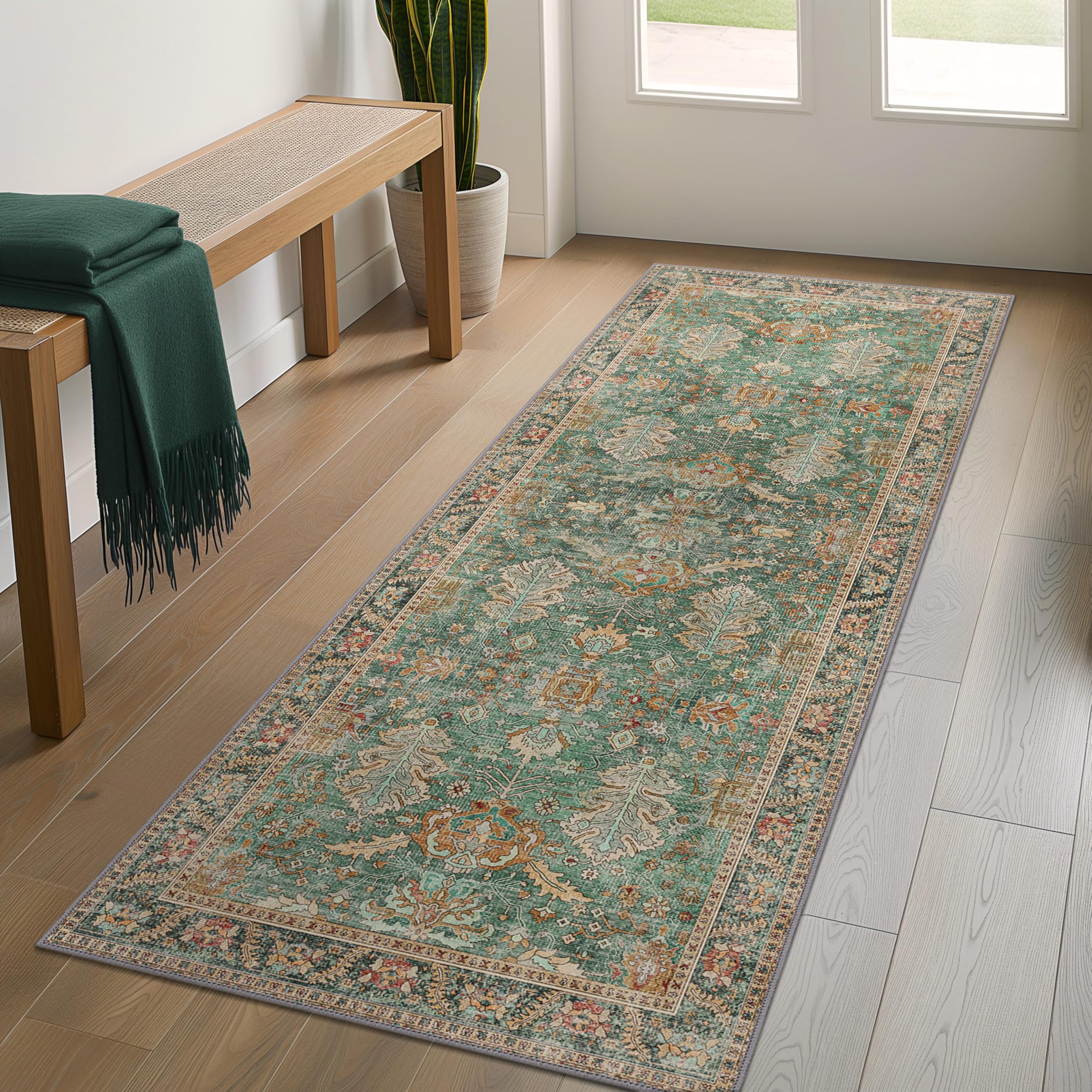 2x5 Hallway Runner Rugs Non Slip Washable Runner for Entryway Bathroom Kitchen Bedroom, Boho Green Runner, Thin Low Pile Chenille Carpet with Rubber