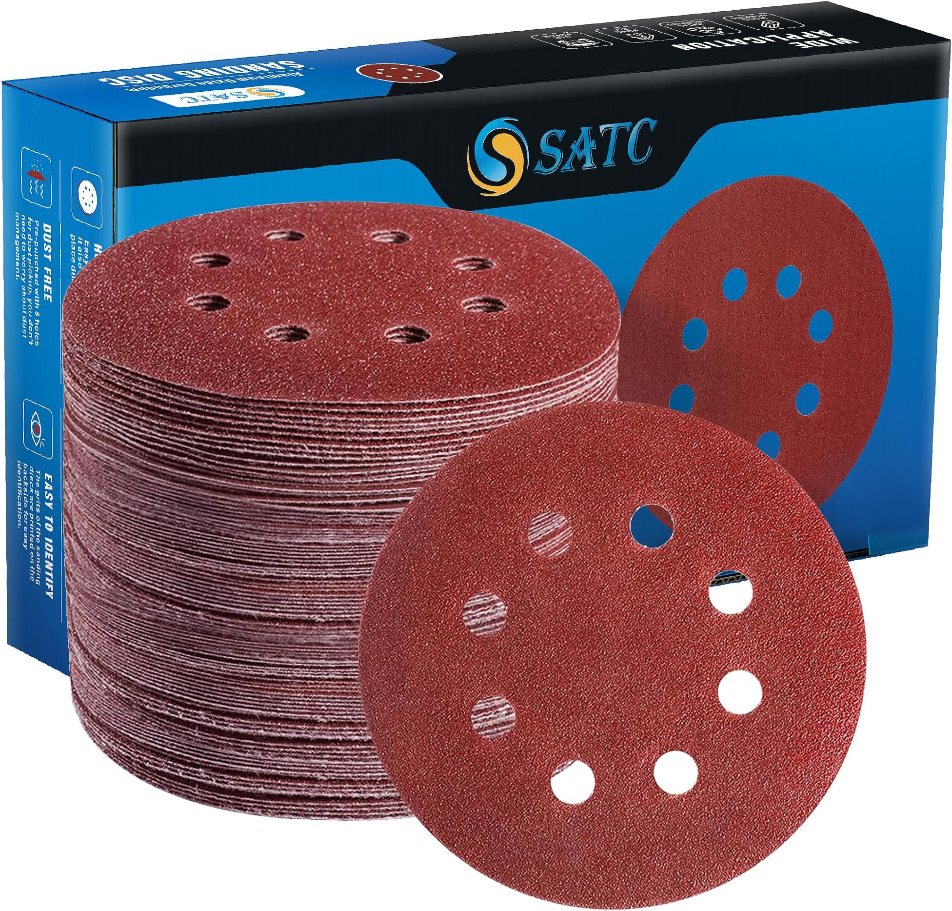 SATC 125mm Sanding Discs 72Pcs Orbital Sander Discs Hook and Loop 125mm Sanding Pads for Random Orbital Sander, 40 60 80 120 180 240 320 Grits Sanding Discs