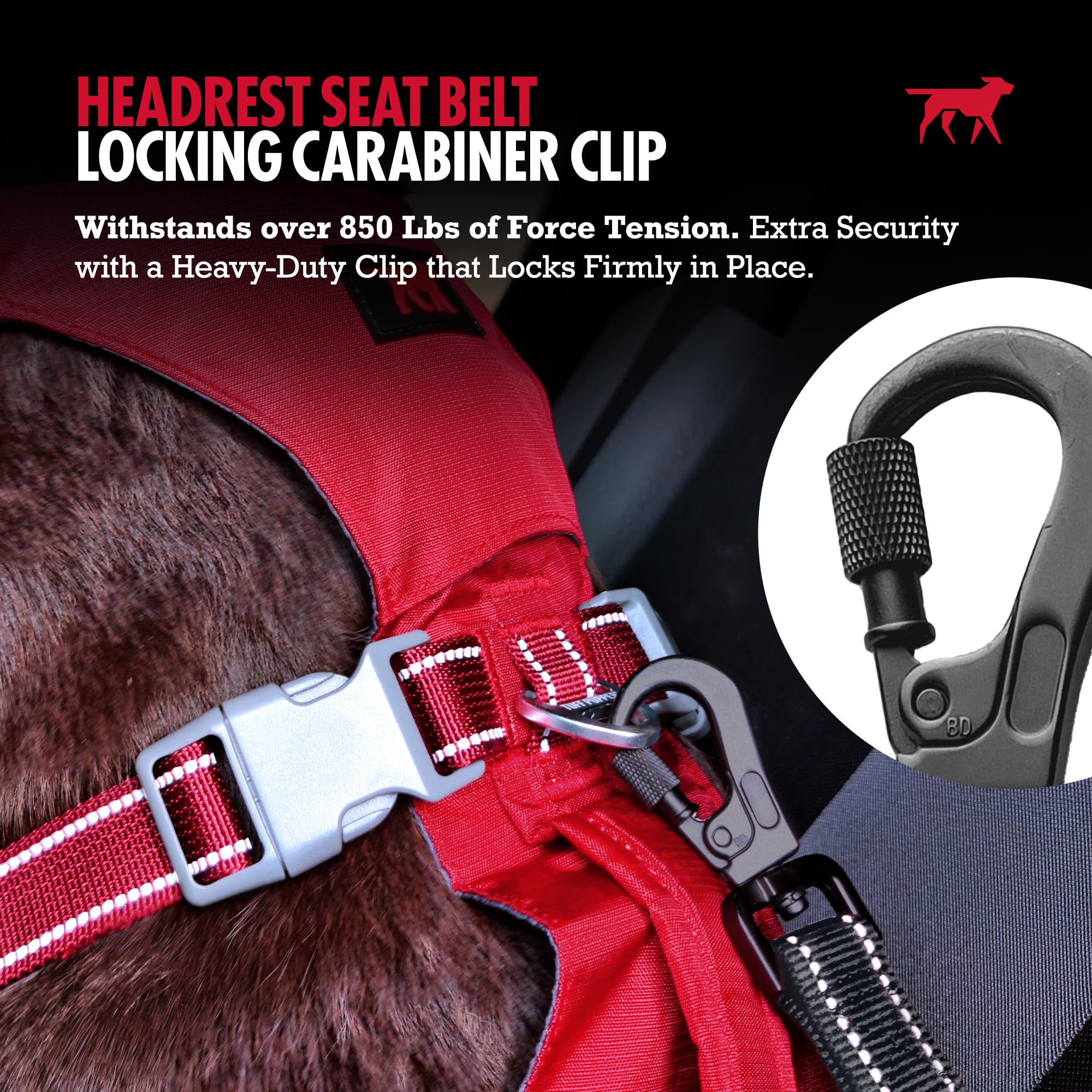 Tuff Pupper Dog Seat Belt for Car Headrest | Adjustable Length Dog Car Harness Restraint | Heavy-Duty Aviation Aluminum Carabiner & Tactical Buckle | Universal Fit for Small, Medium & Large Dogs - image 3