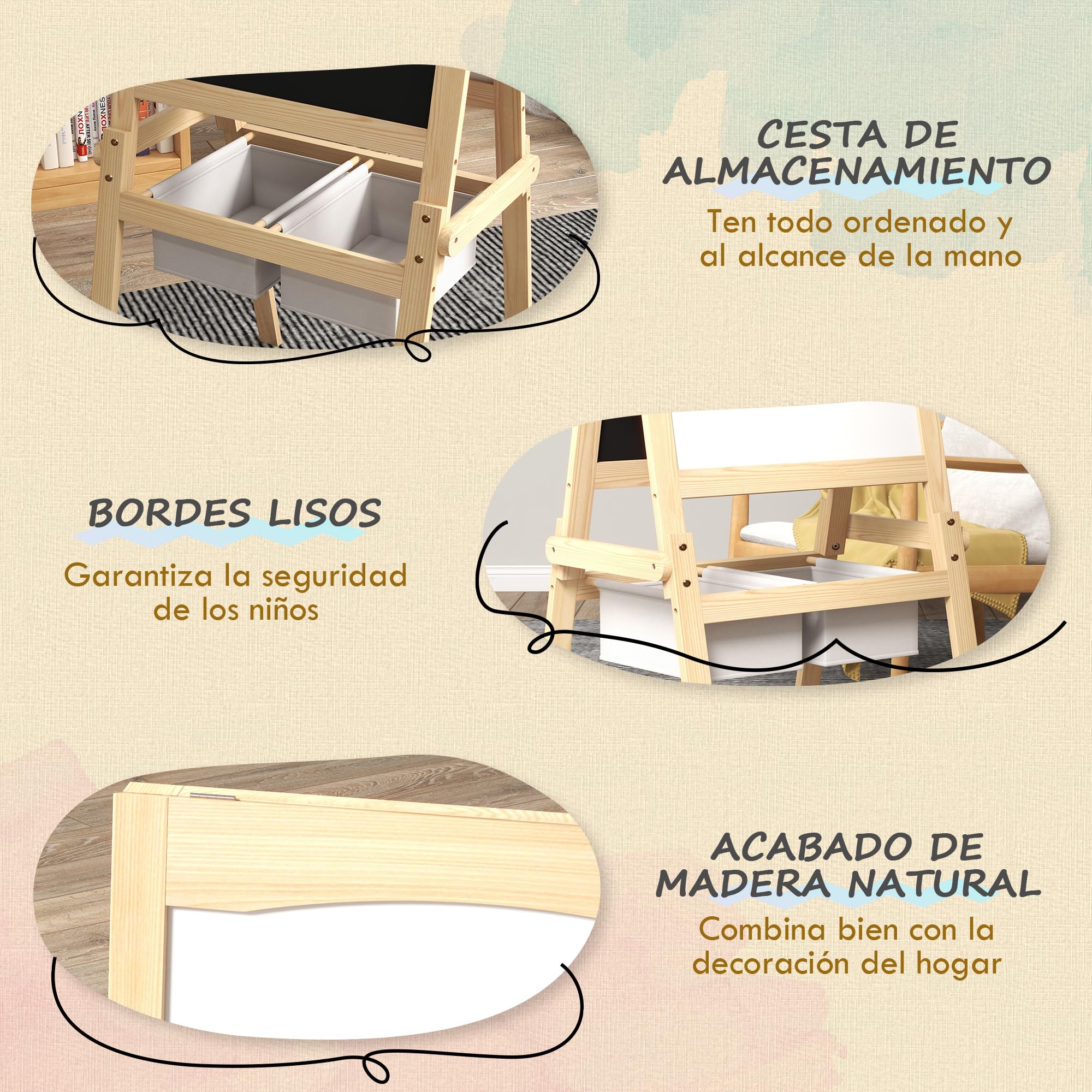AIYAPLAY Caballete para Niños 3 en 1 de Madera Pizarra Caballete de Doble Cara y Pizarra Blanca para Dibujo con Rollo de Papel y dos Cestas 58x50,5x109 cm Natural