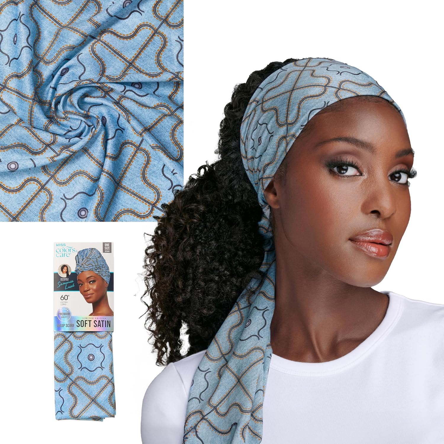 KISS Colors & Care Limited Edition BIFC Premium Soft Satin Wrap Scarf, Smooth & Comfortable All Day Wear, Minimize Frizz, Prevent Breakage, 60” X 16″ Extra-Long Scarf – Samaria Leah