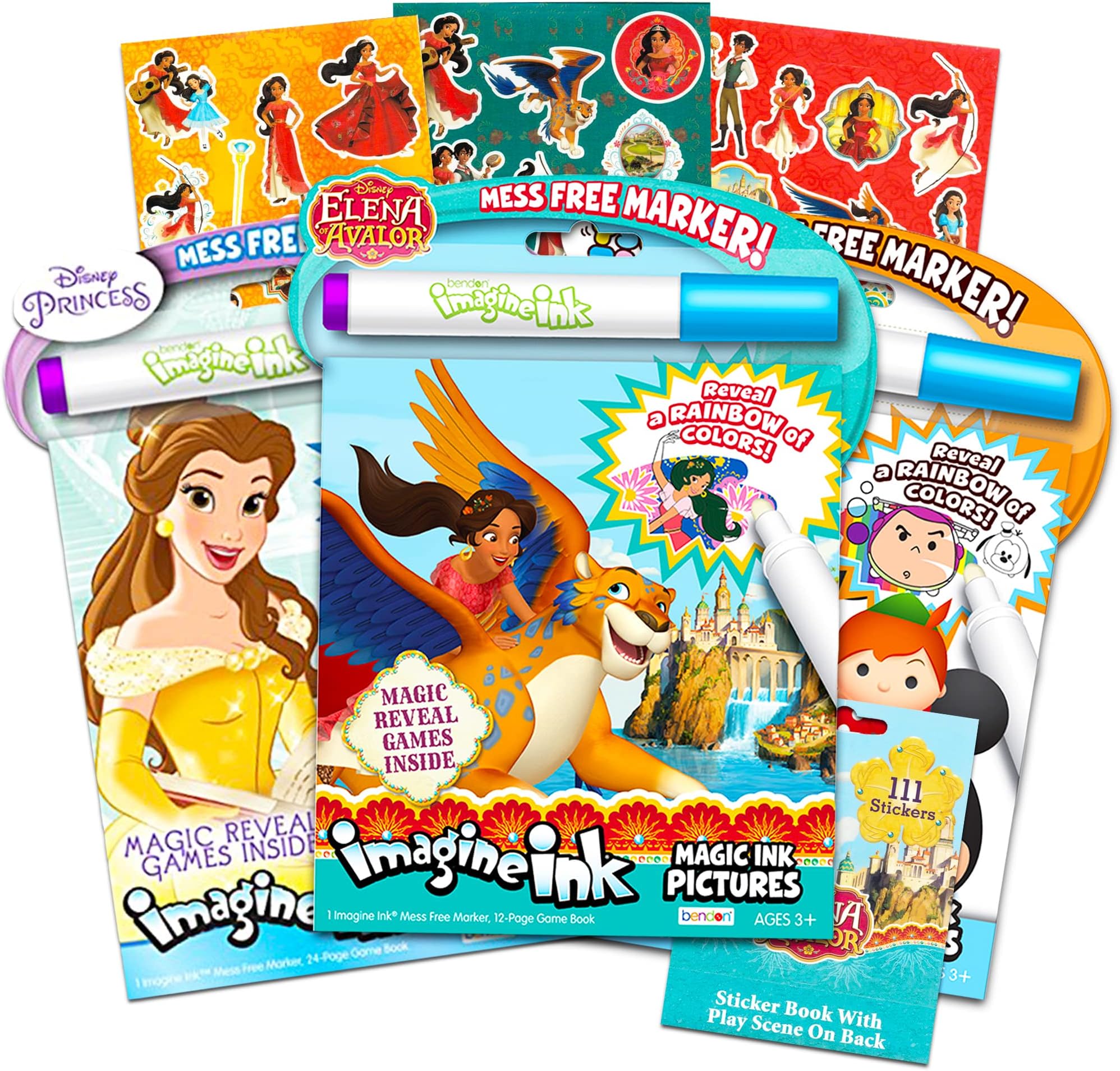 Disney Imagine Ink Coloring Book Super Set ~ 3 No Mess Magic Ink Activity Books Featuring Elena of Avalor, Tsum Tsum, and Disney Princess with over 300 Stickers