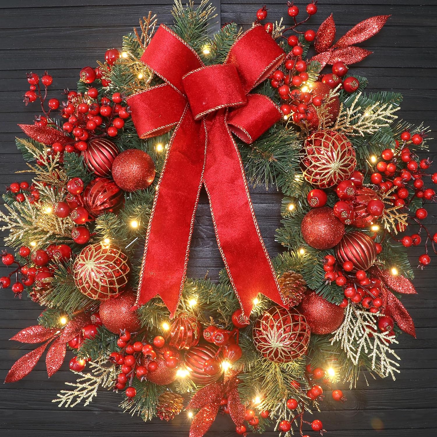 24 Inch Christmas Wreath for Front Door with Pine Branches, Red Berries, Ornament Balls, Bow and 50 LED Lights,for Home Indoor and Outdoor Wall, Fireplace Mantel, Christmas Decor