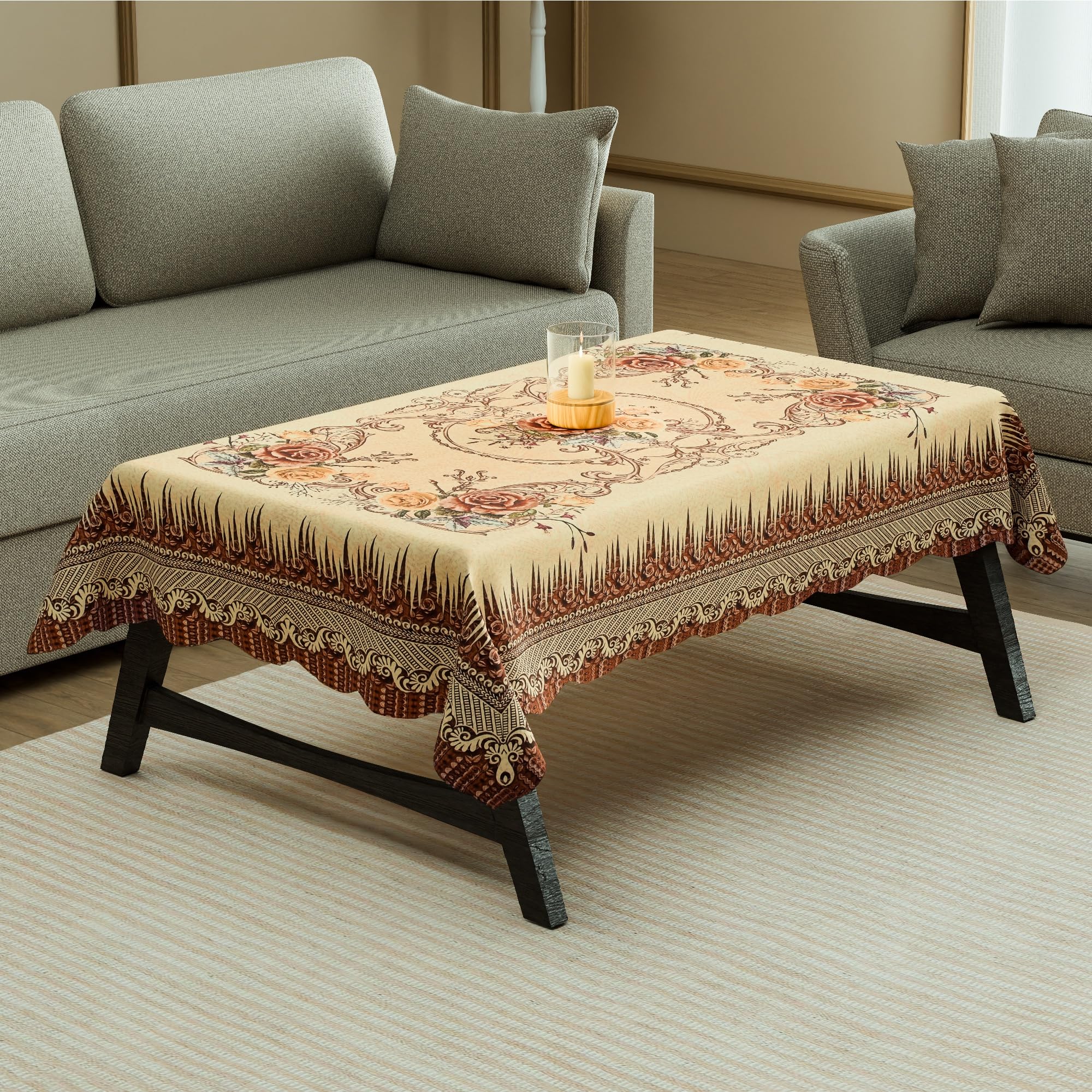 Kuber Industries 40x60 Inch Polyester Table Cloth 4 Seater | Dining Table Cover/Protector Sheet for Home, Party and Events | Pancy Print - Cream and Brown