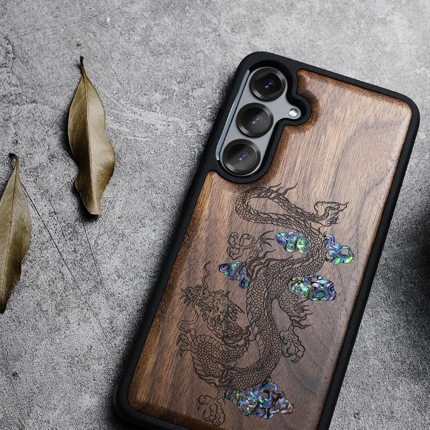 Carveit Magnetic Wooden Case for Samsung Galaxy S25 Case, Wood Artisan Engraved & Handmade Shell Inlaid, Compatible with MagSafe Wireless Chargers (Majestic Chinese Dragon) Walnut