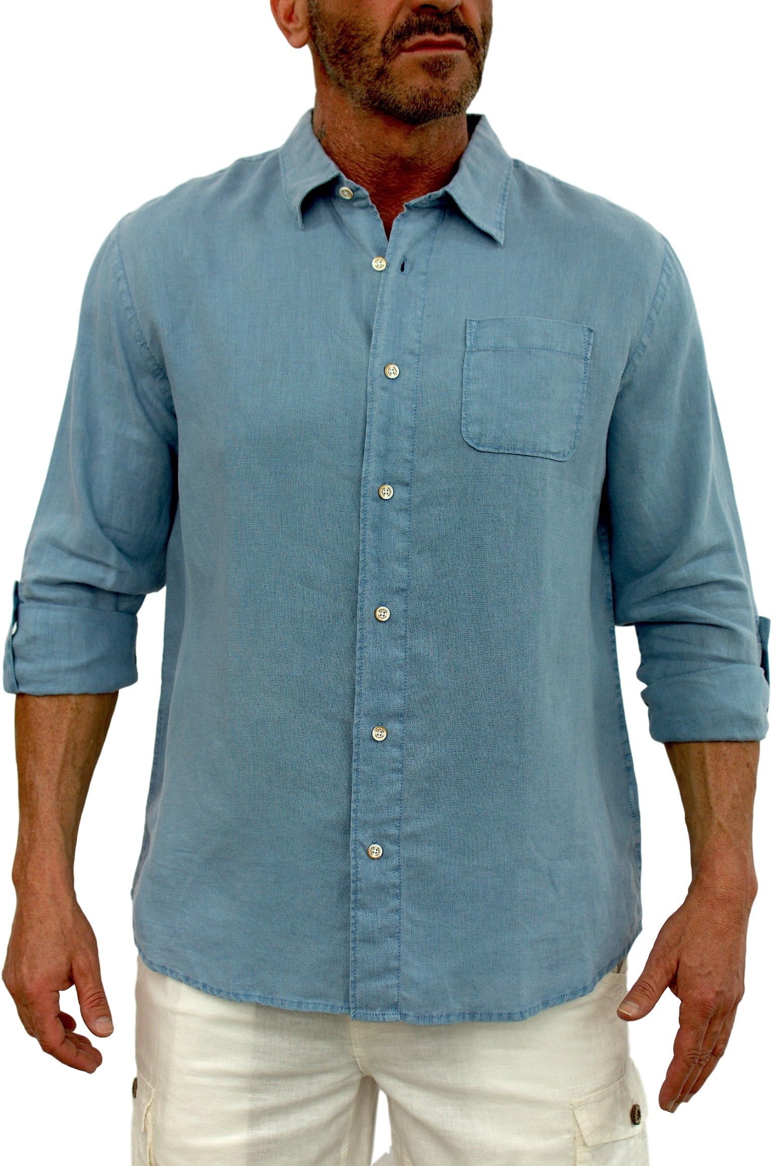 short fin Men's Long Sleeve Linen Shirt, with roll up Sleeves