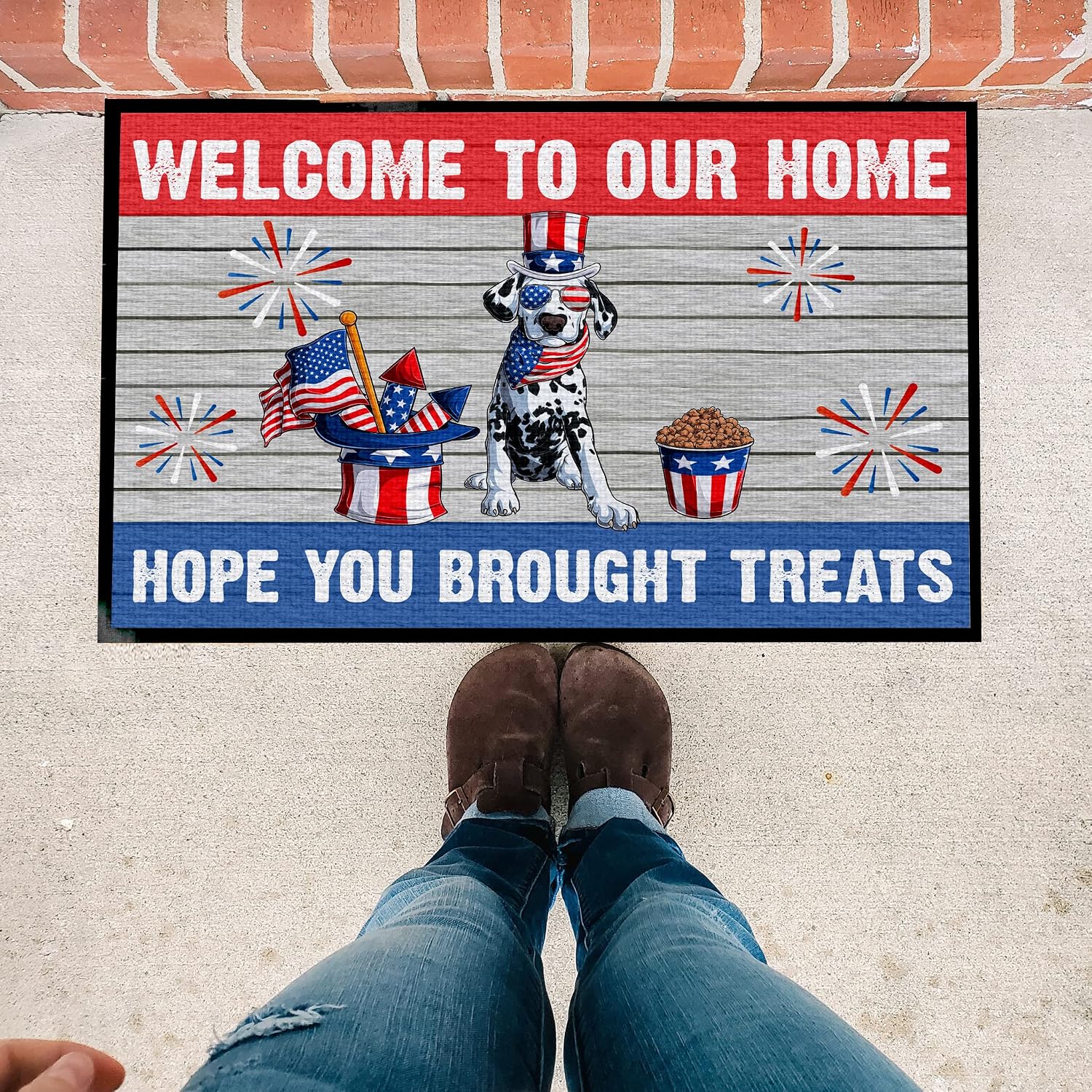 VictoryStore 4th of July Dog Doormat, 24 x36 Inches, Welcome to Our Home Hope Your Brought Treats Door Mat, Patriotic USA Door Mat (Dalmatian)