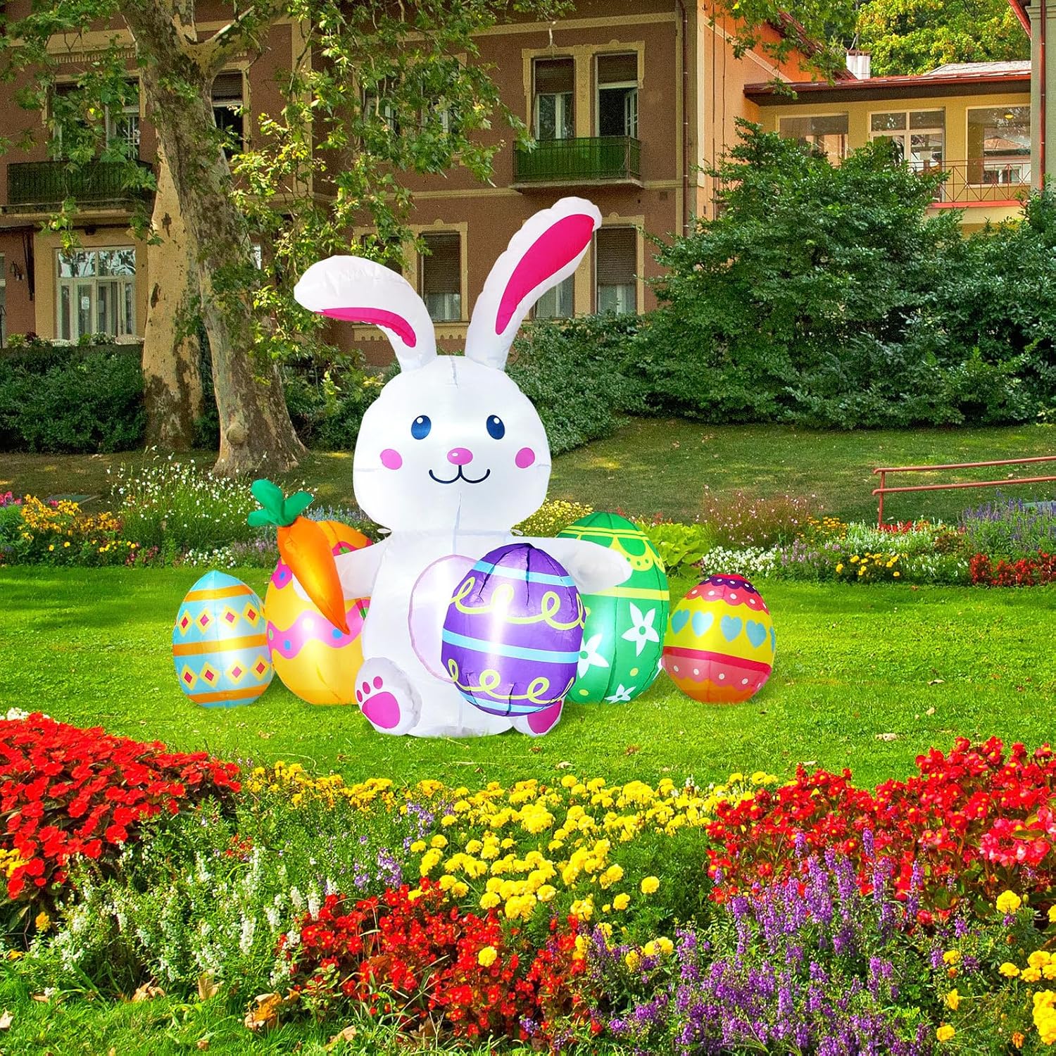 Bencailor Easter Inflatables Outdoor Decorations Giant Blow up Bunny and Inflatable Colorful Eggs Set Blow up Bunny with Built in LED Lights for Spring Yard Lawn Garden Outdoor Decor, 4.75 x 4 ft