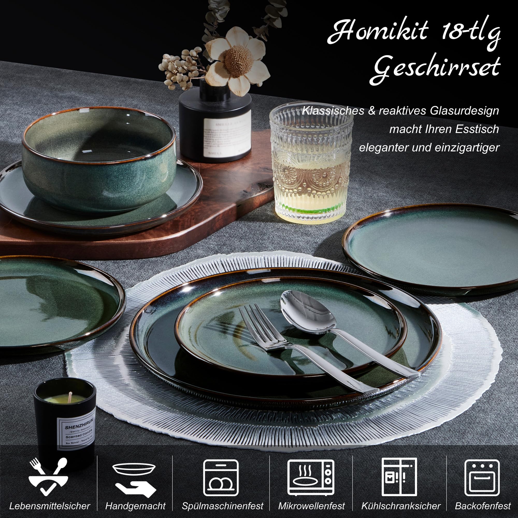 Homikit Juego de vajilla para 6 personas, 18 piezas, de gres, esmalte reactivo, con plato llano, plato de postre, cuencos de cereales, microondas y lavavajillas, color verde