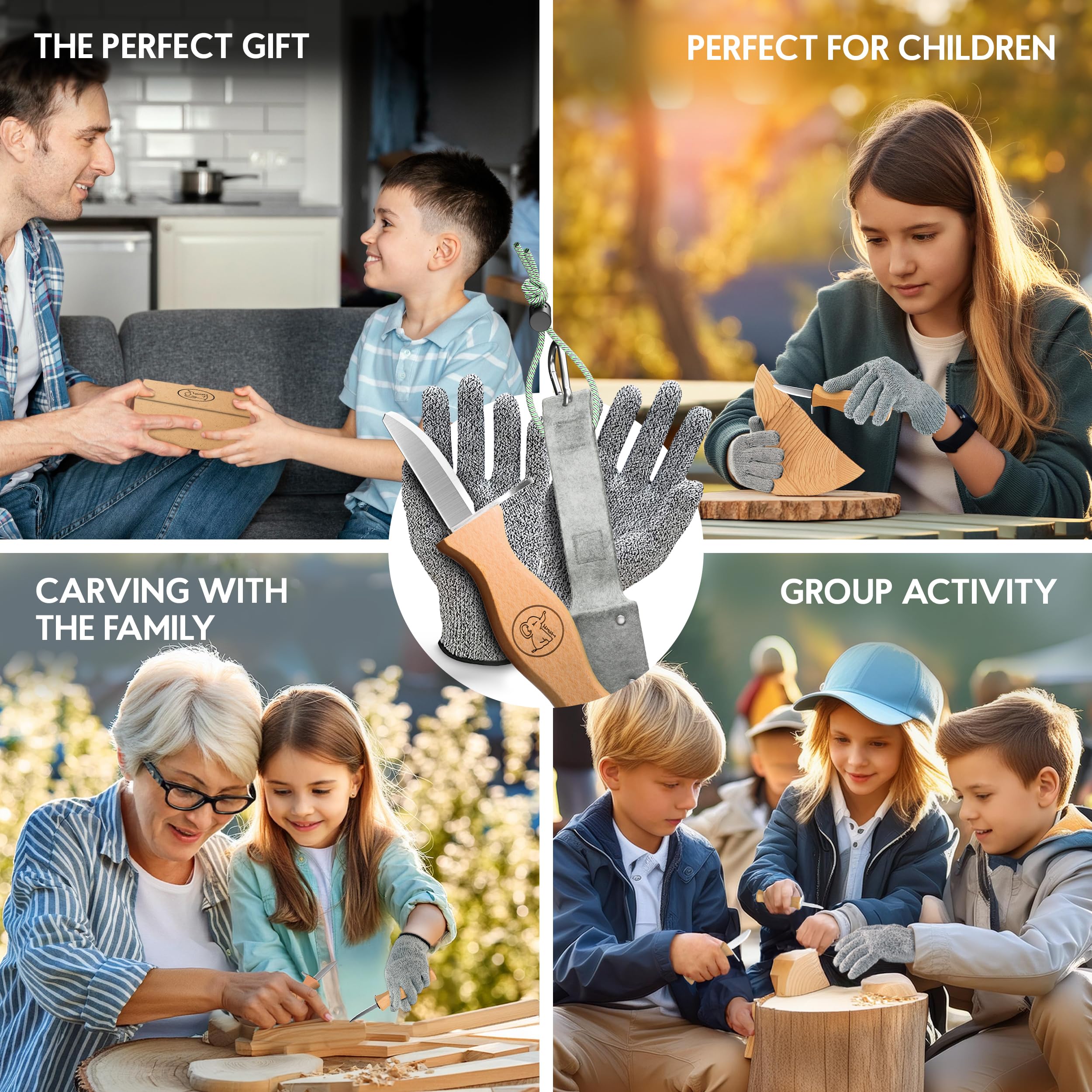 Eli® Coltello da intaglio per bambini con tasca in feltro dai 6 anni in su, set da intaglio per bambini, con guanti resistenti al taglio, coltello da intaglio per bambini, strumento per intaglio,