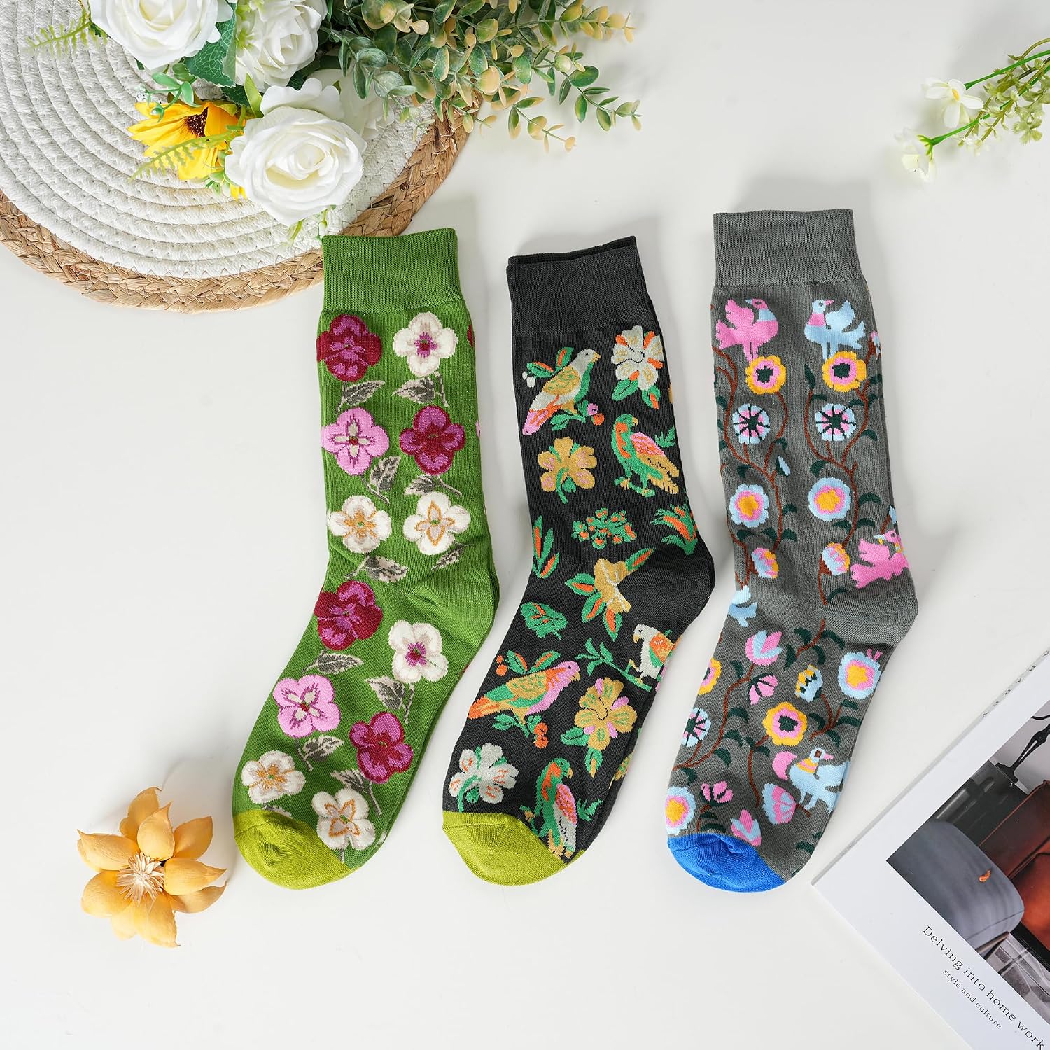 Crew Socks 3-Pair, Colourful Print Novelty Set for Artistic Wardrobe, Fits Most Size 5-10