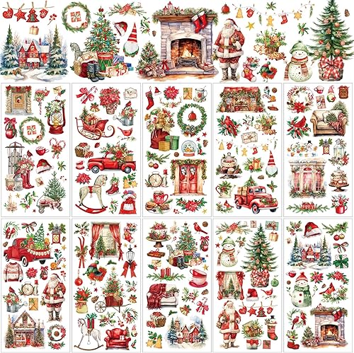 Miniatura 7 de Lincia 10 hojas de calcomanías de Navidad para manualidades y muebles, calcomanías de muñeco de nieve, vintage, Biblia, reno, gnomo, otoño, para