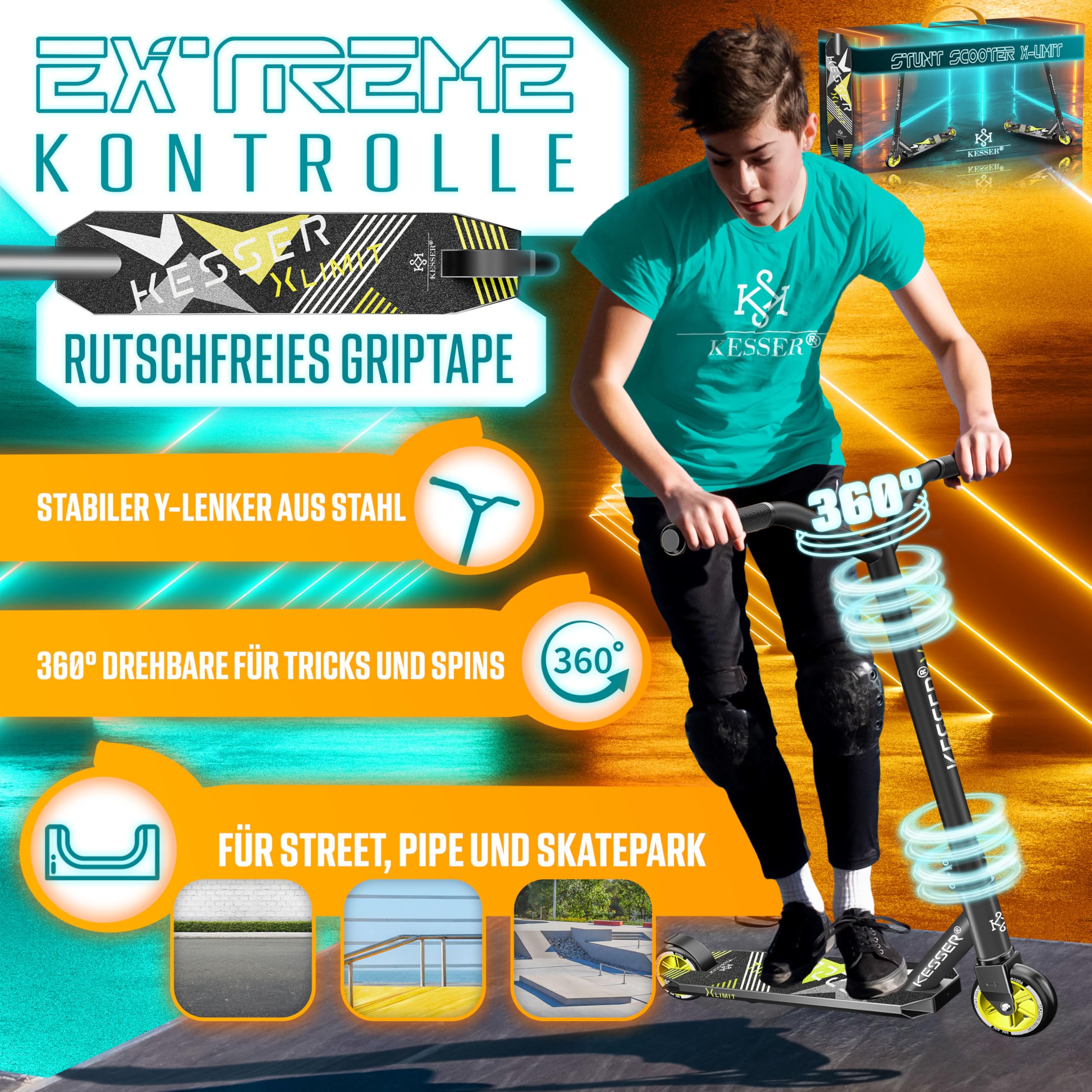 KESSER® Trottinette Freestyle | Trottinette Freestyle X-Limit | Direction à 360° | Roulements à Billes ABEC 9 de 100 mm | Roues en polyuréthane | Robuste | Anthracite
